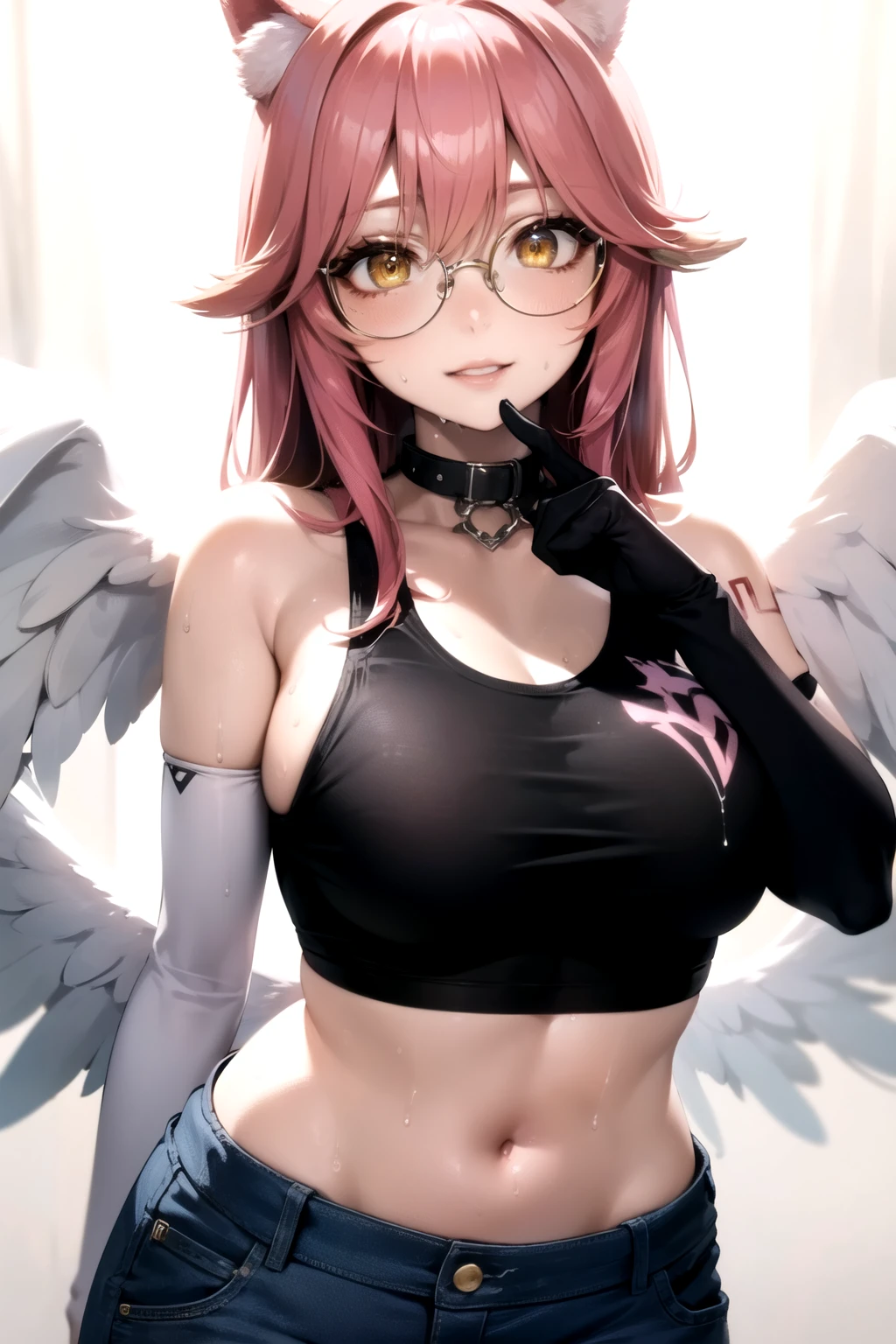 jibril, BREAK jibril, angel, angel wings, collar, animal ears, bird ears, compass rose halo, feathered wings, feathers, gradient hair, halo, long hair, low wings, multicolored hair, pink hair, symbol-shaped pupils, big breast, white wings, wing ears, wings, (yellow eyes:1.5), seductive look, seductive smile, Shiny skin, clothing. Big breast. Sexy, hot, attractive, alluring.
BREAK zoomed in, cropped face, (elbow gloves, black crop top, midriff, tank top, round glasses:1.3), (jeans, denim pants:1.1), (open pants:1.4), (her pants are slightly down:1.3). long sleeves, hot, breast tattoos, (sweat:1.4), (wet:1.3). (tattoos:1.1), voluptuous, curvy.
BREAK (masterpiece:1.2), best quality, high resolution, unity 8k wallpaper, (illustration:0.8), (beautiful detailed eyes:1.6), extremely detailed face, perfect lighting, extremely detailed CG, (perfect hands, perfect anatomy), narrow eyes.