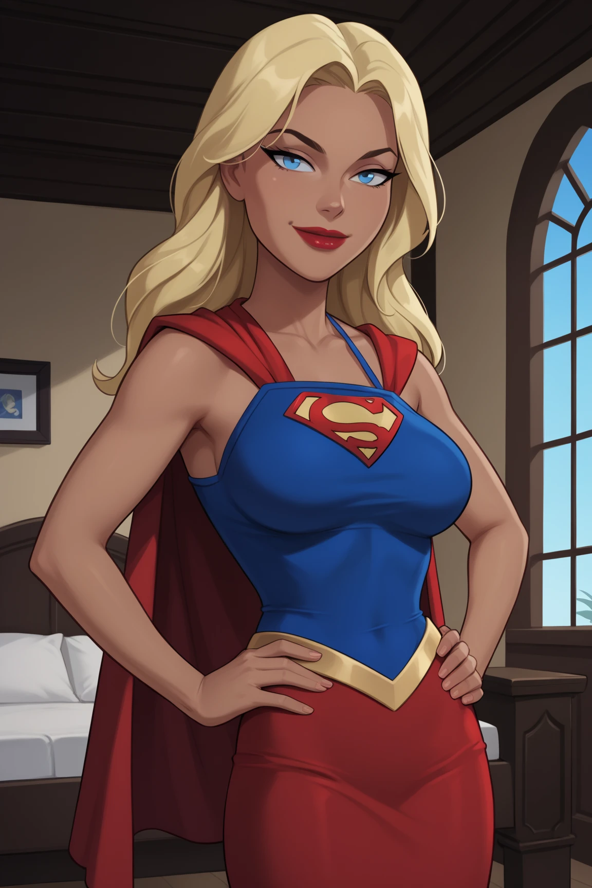 2 girls, one blonde with long hair wearing bows in her hair, with blue eyes, wearing a pink princess dress, sweet princess and sitting on a throne, the other girl behind the throne with short blonde hair, wearing a blue heroine costume, wearing a red cape and with an evil expression, with completely red eyes