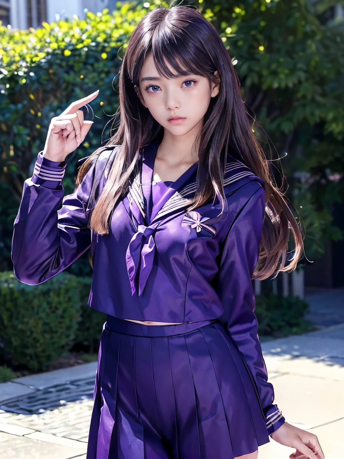 (Surrealism, retina, masterpiece, accurate, anatomically correct, super detail, best quality, 8k, extremely precise in every detail, beautiful detailed glow, beautiful attention to detail, beautiful detailed eyes;1.4), a female -grade schooler wilghting stance, (wearing long-sleeved purple sailor-uniform, an uniform for Japanese female students:1.3), wearing 120 denier thick shiny black tights under the sailor-suit, long blonde hair, floating hair, shiny blue eyes, (flat chest like a boy, slender body:1.4), (anatomically correct fingers, anatomically correct hands:1.4), Jeet-Kune-Do, in the street of futuristic Washington