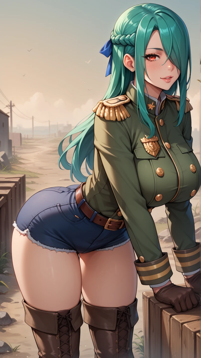 (masutepiece, Best Quality:1.2), Cowboy Shot, Solo, 1girl in, alicia melchiott, Smile, Looking at Viewer, arms folded, Twin-tailed, Head dress, Military uniform, neck tie, thighs thighs thighs thighs,huge-breasted、
