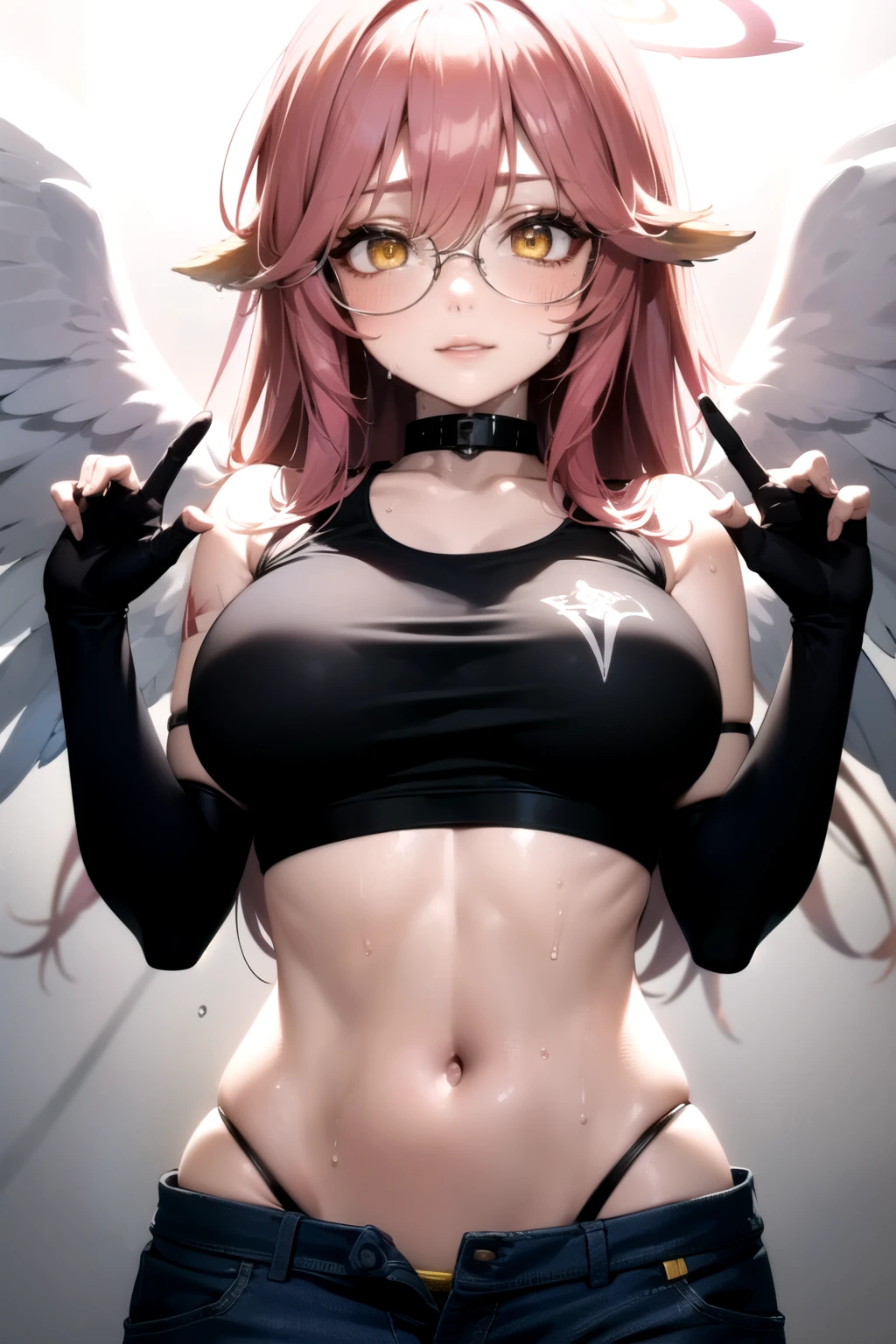 jibril, BREAK jibril, angel, angel wings, collar, animal ears, bird ears, compass rose halo, feathered wings, feathers, gradient hair, halo, long hair, low wings, multicolored hair, pink hair, symbol-shaped pupils, big breast, white wings, wing ears, wings, (yellow eyes:1.5), seductive look, seductive smile, Shiny skin, clothing. Big breast. Sexy, hot, attractive, alluring.
BREAK zoomed in, cropped face, (elbow gloves, black crop top, midriff, tank top, round glasses:1.3), (jeans, denim pants:1.1), (open pants:1.4), (her pants are slightly down:1.3). long sleeves, hot, breast tattoos, (sweat:1.4), (wet:1.3). (tattoos:1.1), voluptuous, curvy.
BREAK (masterpiece:1.2), best quality, high resolution, unity 8k wallpaper, (illustration:0.8), (beautiful detailed eyes:1.6), extremely detailed face, perfect lighting, extremely detailed CG, (perfect hands, perfect anatomy), narrow eyes.
