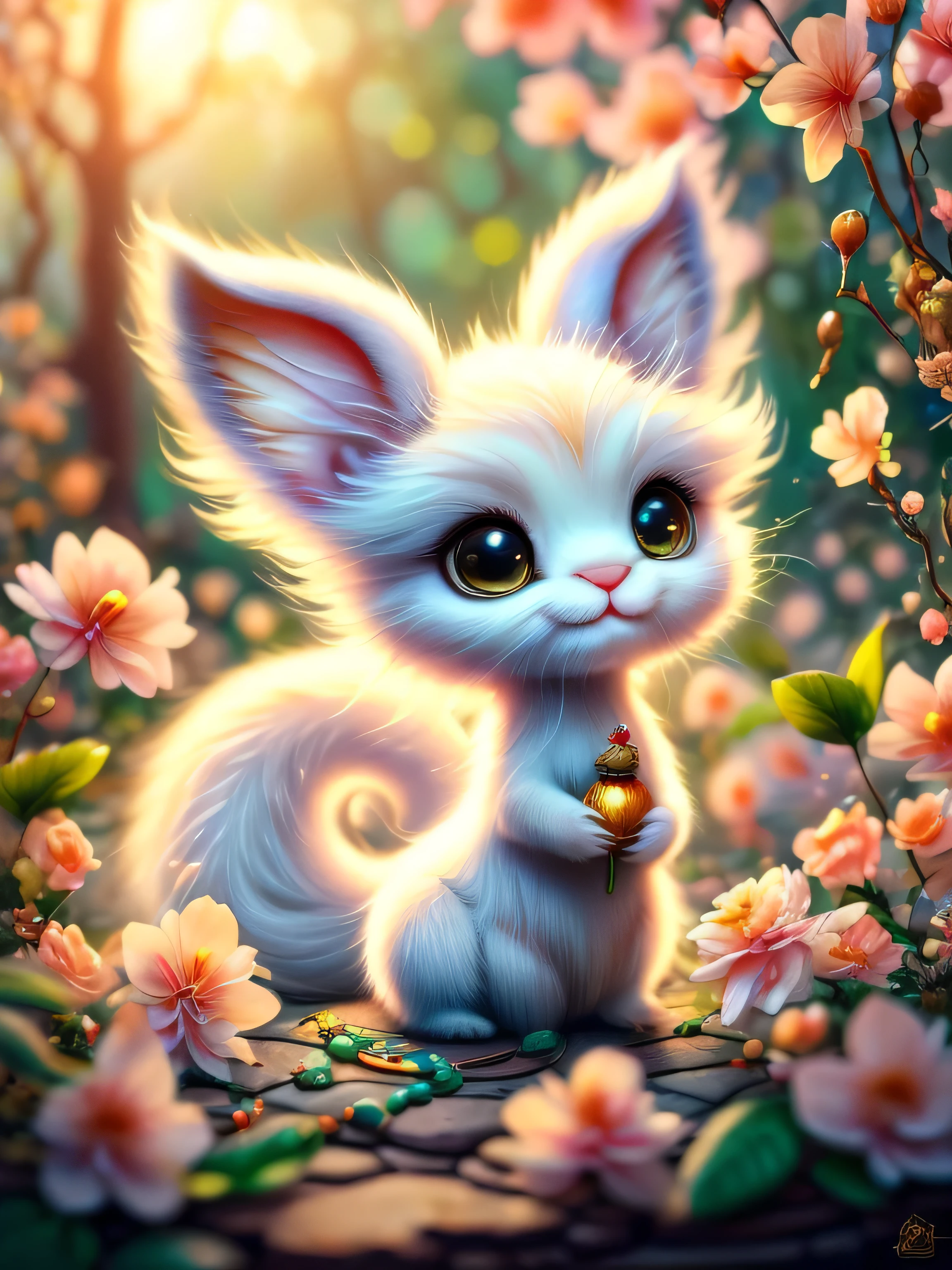 whimsical airbrush and oil painting, best angle of a Very cute mythical graceful transparent anthropomorphic furry creature holds jasmine flower, thin arms, fragile thread legs, jasmine flower spirit, Mystical garden where white jasmine grows in a professional photograph by Awwchang :: Luis Royo :: WLOP :: Artgerm Lau :: Anne Stokes :: natural deep colors