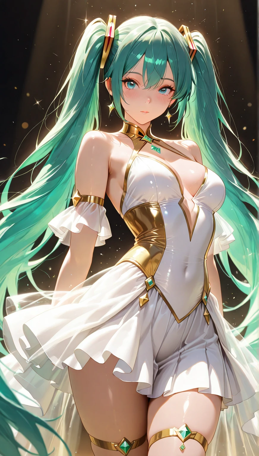 (girl1), (anime), white, with long green hair, jade green eyes, an 12 year old woman, with white stockings and a sexy dress, wearing a heroine costume consisting of a white sleeveless swimsuit with purple details and a yellow crescent moon on his chest. She also wears purple high boots, white gloves with spikes and metal plates on her waist and feet, look at her (breast size, they are size AAAA+:1.5),(Small body height of a loli:1.2)