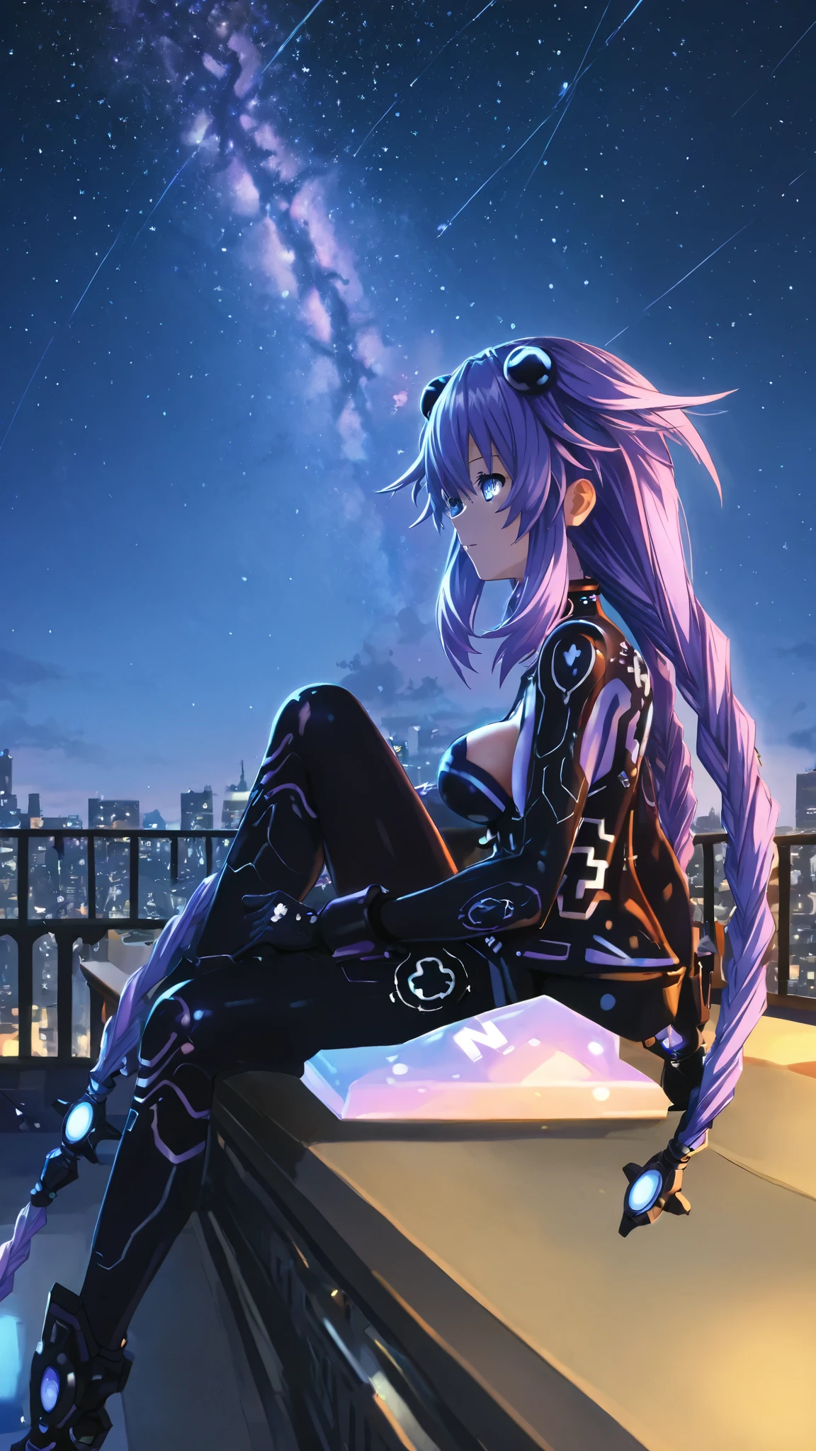 purple heart (Hyperdimension Neptunia) Sitting on a balcony under a starry night