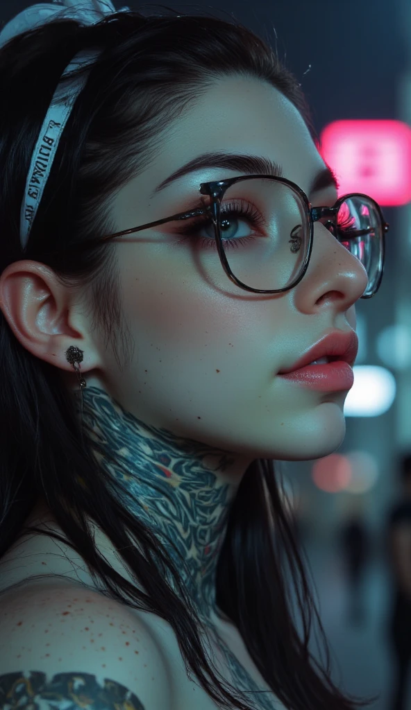 (best quality, ultra-detailed, realistic:1.37), stylish medium (portrait:1.1), vibrant colors, flattering lighting, detailed background, urban setting, confident expression, a woman wearing glasses, a red jacket, and a chest binder tattoo is posing, 1girl, nipples, beanie, breasts, solo, glasses, tattoo, hat, blue eyes, jacket, mouth hold, open clothes, topless,
