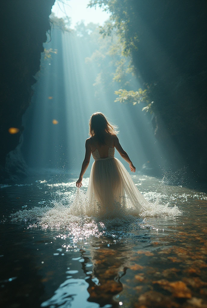 "Imagine a magical scene where droplets of water dance in the air under the moonlight. In this stunning animation, we feature a young woman holding a water bottle with holes in it, pointed toward the sky at night. As she squeezes the bottle, water flows out through the holes in a pattern resembling rays or an umbrella, creating glowing lines in the darkness. The backlight effect highlights the beauty of the water mist, which sparkles as bright golden circles filling the space. Each movement in the scene captures a unique magic, with an effect reminiscent of a blooming flower or an explosion of light and water."