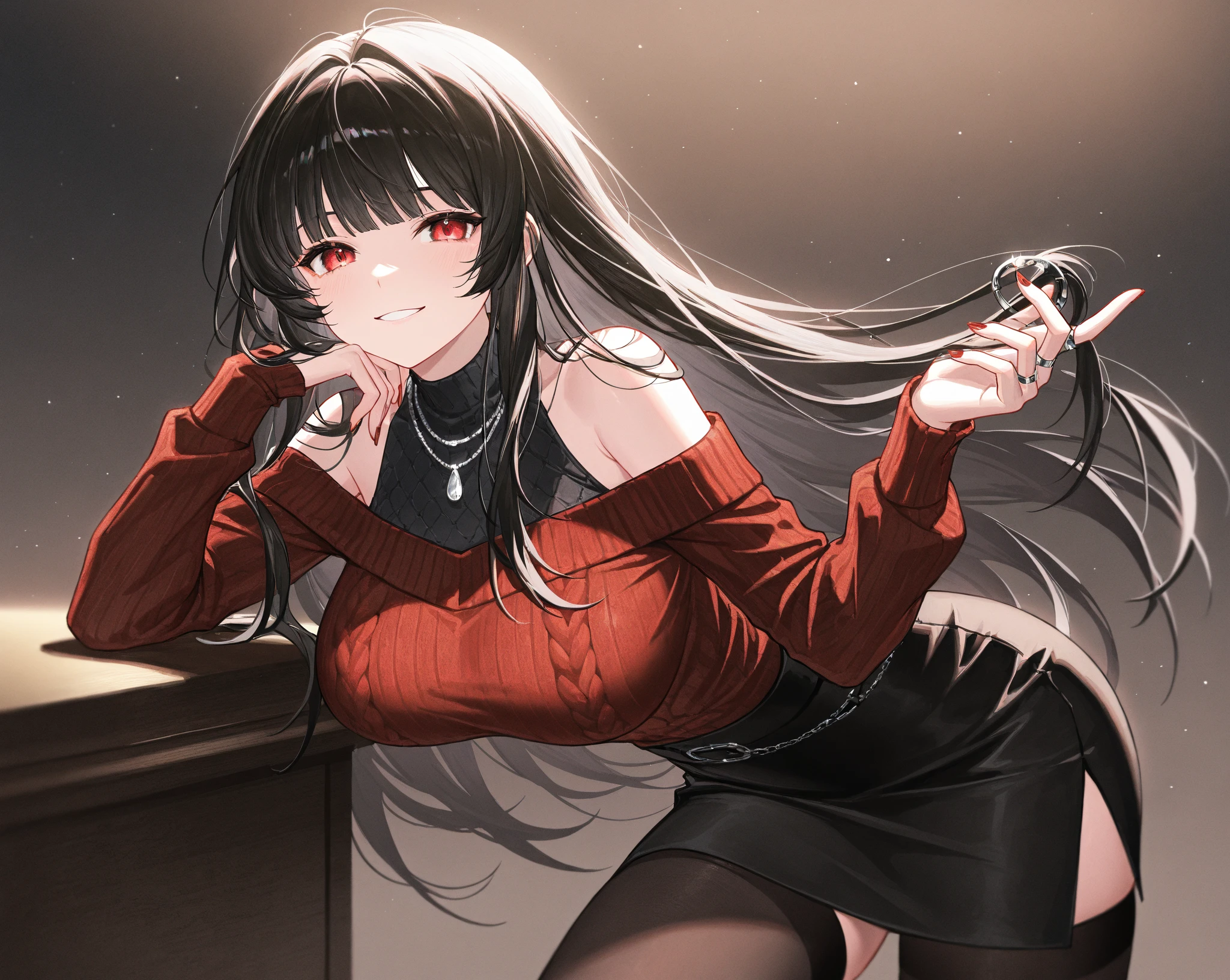 Detailed image of a loli, Light brown hair long and loose aesthetic tousled, red eyes sharp and seductive, Beautiful face, smiling, full lips, wolf ears, with earrings, medium breasts, blushing eyeshadow, long thick eyelashes, posing coyly, dressed only in a low-cut sweater, small waist, wide hips, large round buttocks, beautiful thick bare thighs, view from below, shallow depth of field, volumetric lighting, Shadow Enhancement, Detailed cityscape, Shoulder blades (Highest quality, Amazing details: 1. 25), (only: 1.3), Bright colorful paintings.
