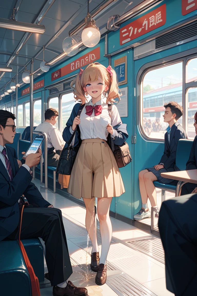 girls, outside of a subway train door, (male), blonde_hair, bottom_less, spread, top-quality、masterpiece、1 beautiful Japan schoolgirl、Sexy schoolgirl schoolgirl、boob、shinny skin、Oily skin、looking at the viewers、A smile、Blushing、