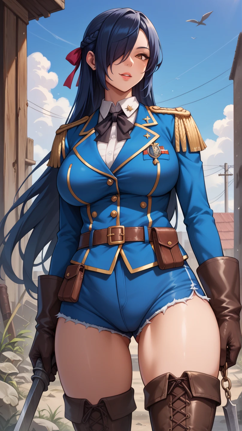 Dark Blue Military Uniform, Long Black Hair, Breast, Military Cap, Ponytail, Bikini, Gun