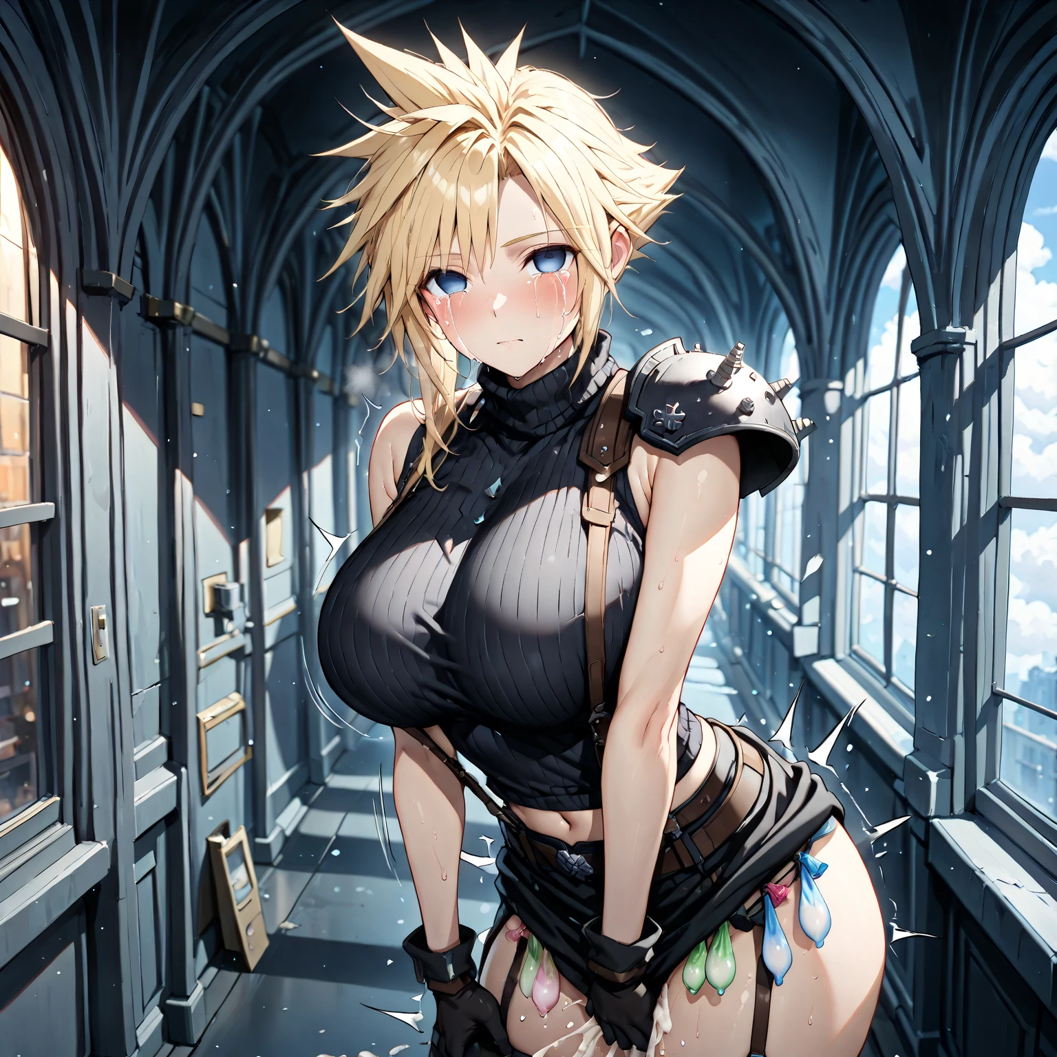 1girl, 32k, absurdres, amber eyes, armor, armored boots, armored dress, asymmetrical bangs, belt, blonde hair, blunt bangs, bob cut, bored, boots breasts, bursting breasts, bustier, ((busty)), ((buxom)), chest harness, cleavage, clouds, corset, elf, expressionless, eyelashes, eyeliner, fantasy, forehead, ((framed breasts)), gauntlets, groin, hair ornament, hair ribbon, half updo, harness, heterochromia, highres, high-waist skirt, ((large breasts)), ((lean)), legs, ((lissom)), long legs, looking at viewer, medium hair, multicolored eyes, narrow waist, outdoors, pauldrons, pelvic curtain, pink eyes, pink lips, pointy ears, pouch, purple eyes, serious, short hair, shirt shorts, shorts, shorts under skirt, sidelocks, sidelocks tied back, skindentation, skirt, sky, ((slender)), ((slight)), ((slim)), slim legs, ((small)), solo, straight hair, ((svelte)), tareme, thick lips, thick thighs, thighs, thighhighs, thigh boots, thigh strap, ((thin)), town, underbust, vambraces, village, ((willowy)), zettai ryouiki
