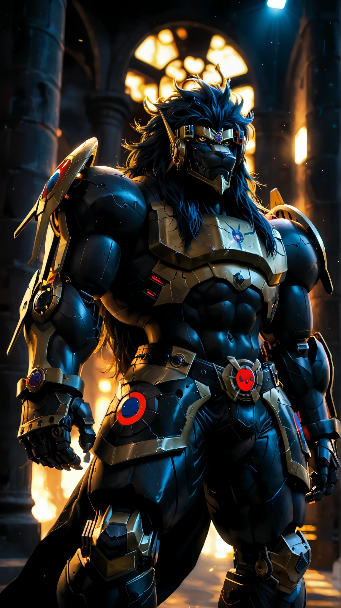 score_9, score_8_up, score_7_up,
Apollomon Whispered, muscular, blue mane, black lion, armor, Digimon, long hair, robot, cyborg, mecha,
8K, In'ei, chiaroscuro, depth of field, rim lighting, clear_eyes,
perfect hands, perfect proportions, peak physical perfection, perfect male physique, powerful muscular body, impressive physique, thick arms, thick legs, large shoulders, wide thick chest,
dynamic action pose, detailed anime background, detailed photographic fluffy anime clouds, perfect hands, masterclass anime, black skin, black fur, evil, villain, alluring gaze, dynamic lighting, glistening gold, photographic realism, chest armor,
BREAK zPDXL, zPDXLxxx,