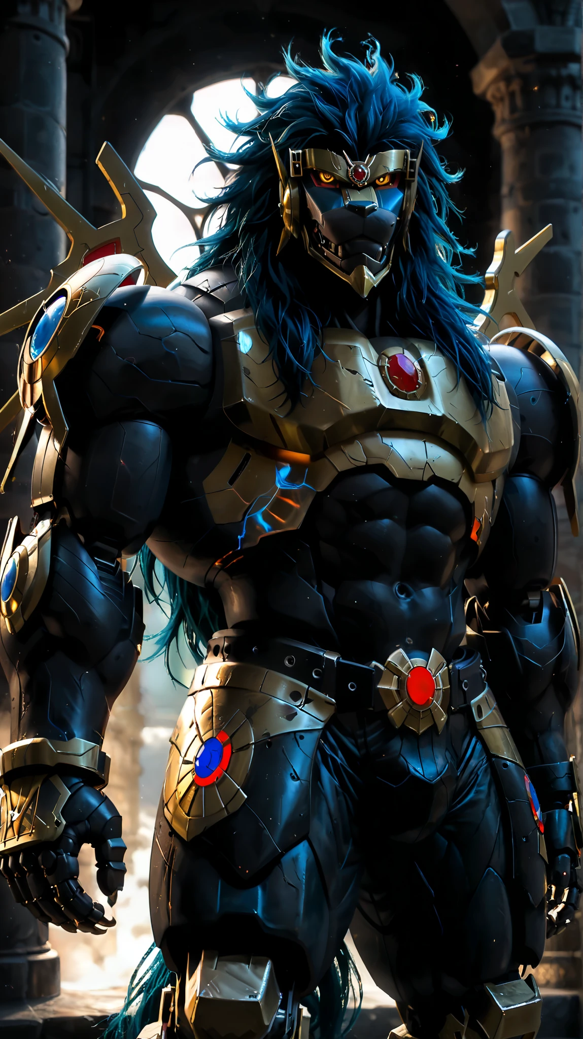 score_9, score_8_up, score_7_up,
Apollomon Whispered, muscular, blue mane, black lion, armor, Digimon, long hair, robot, cyborg, mecha,
8K, In'ei, chiaroscuro, depth of field, rim lighting, clear_eyes,
perfect hands, perfect proportions, peak physical perfection, perfect male physique, powerful muscular body, impressive physique, thick arms, thick legs, large shoulders, wide thick chest,
dynamic action pose, detailed anime background, detailed photographic fluffy anime clouds, perfect hands, masterclass anime, black skin, black fur, evil, villain, alluring gaze, dynamic lighting, glistening gold, photographic realism, chest armor,
BREAK zPDXL, zPDXLxxx,