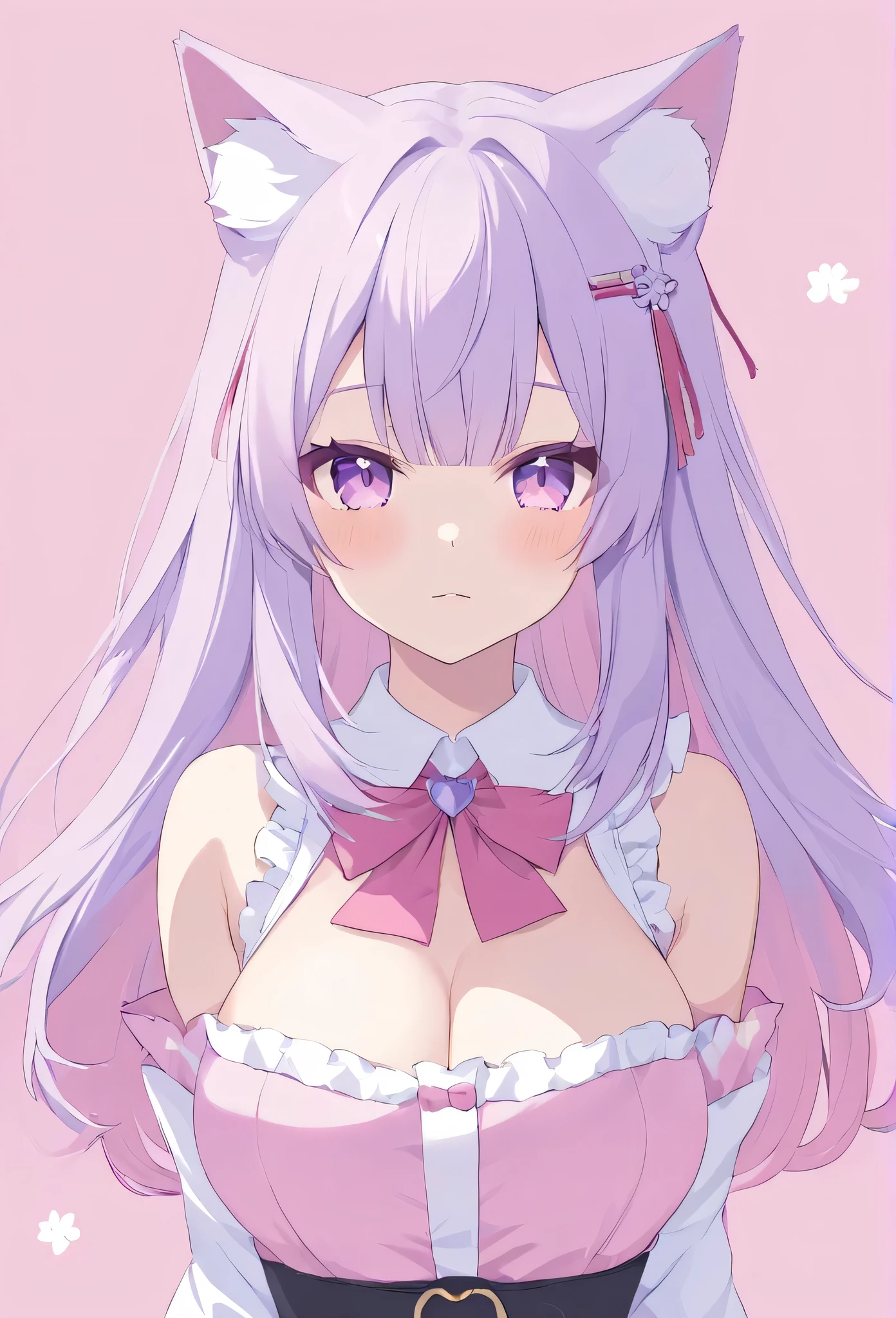 Anime girl with pink hair and cat ears wearing a pink dress, 非常Beautiful anime catwoman孩, Beautiful anime catwoman, Cute anime catwoman, cat ears anime girl, white cat girl, night nucleus, Cute anime waifu wearing nice clothes, Anime visual of a cute girl, cute anime girl, Anime catwoman wearing maid outfit, small curve ，((masterpiece))，high resolution，((high quality))，headquarters,1 girl，((Very detailed))，CG，Unite，8k，wallpaper，alone，(whole body)，Mature，stand，blond，long hair，((Eyeliner))，have，，((Very detailed的手))，gongbi，grey，girl on top，perfect female figure，astride，{{{masterpiece}}}，{Very detailed的CGUnite8kwallpaper}，best quality，Astonishing，fine details，alone，Light，close up，{{Floating hair}}，{{Cherry blossoms}}，outdoor，Sky，{{wind}}，Detailed background，beautiful and delicate eyes，bright pupils，{{whole body}}，Sitting Figure，white line，Delicate muscle lines，looking at the audience，dynamic poses，soft