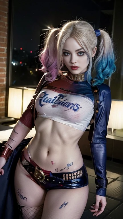 (NSFW) Harley Quinn, makeup, hot pants, relaxing on a deserted tropical beach, dramatic lighting, (depth of field), ((masterpiece)), ((best quality)), ((highly detailed)), Gnarly Quim
