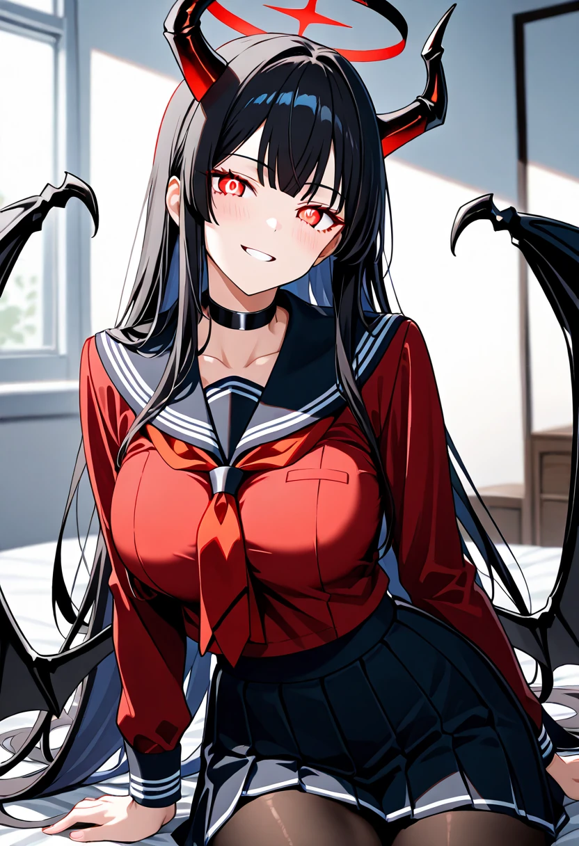 masterpiece, best quality, 1girl, vampire , half body , demon , huge body, terrifying smile, wearing a shirt, 