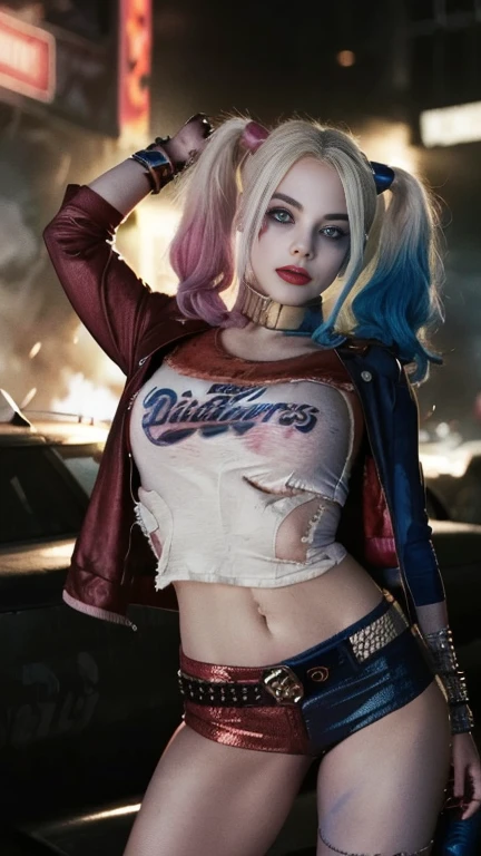 Create an image of Harley Quinn as a flight attendant on an airplane. She wears a classic flight attendant uniform with her signature playful grin, standing in the aisle and ready to assist passengers. The airplane interior is lively, with passengers reacting to her energetic and mischievous demeanor.