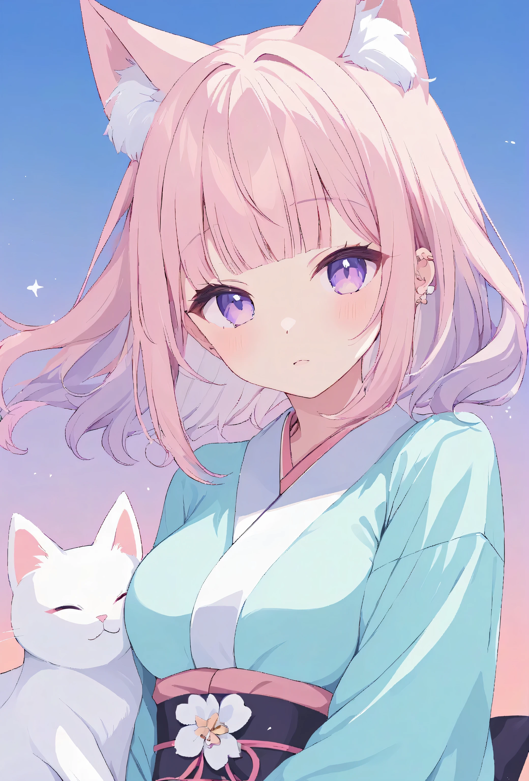 random hot and busty japanese girl, neko, pastel color palette,