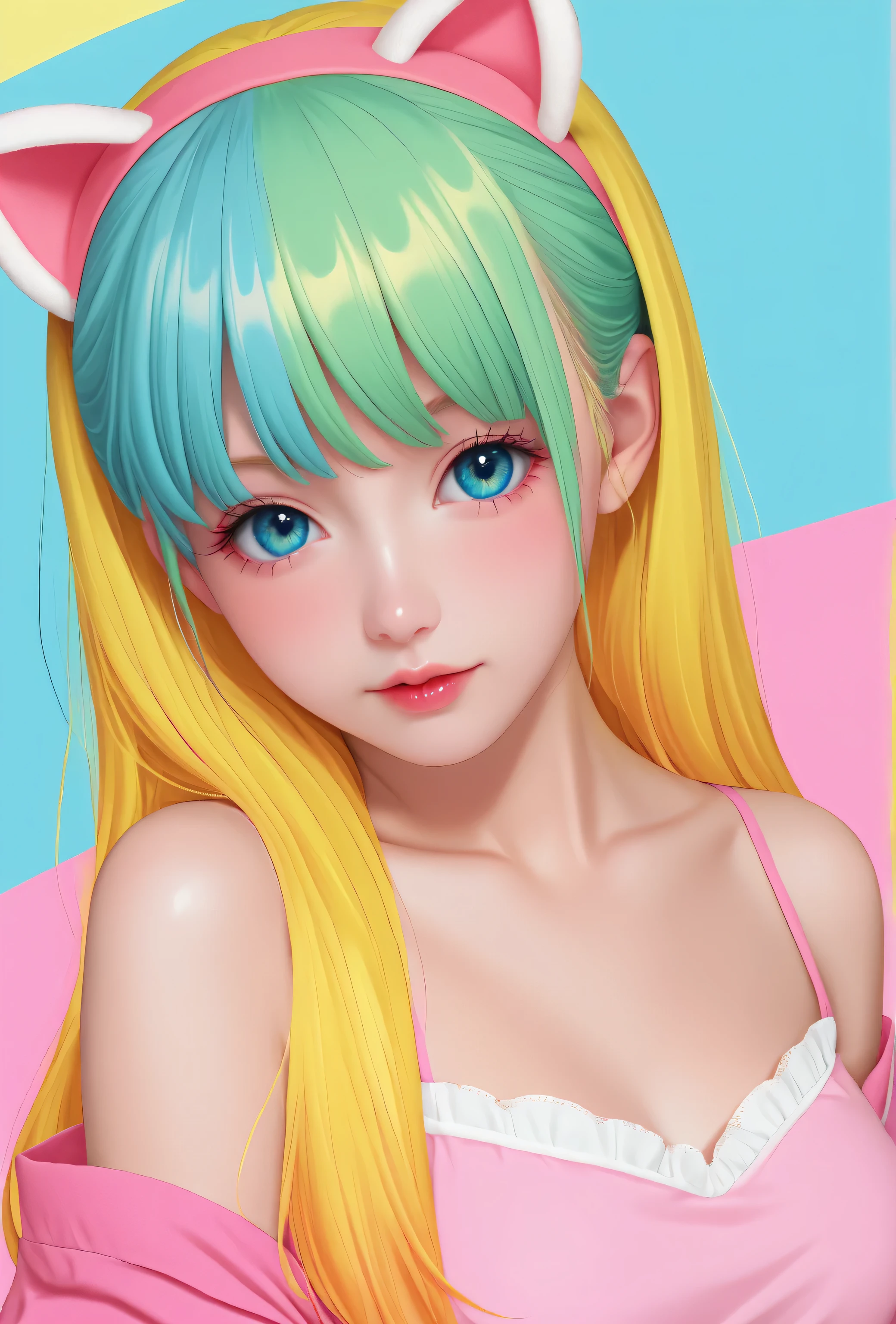 random hot and busty japanese girl, nekos, pastel color palette, no background, pastel background, colorful background,