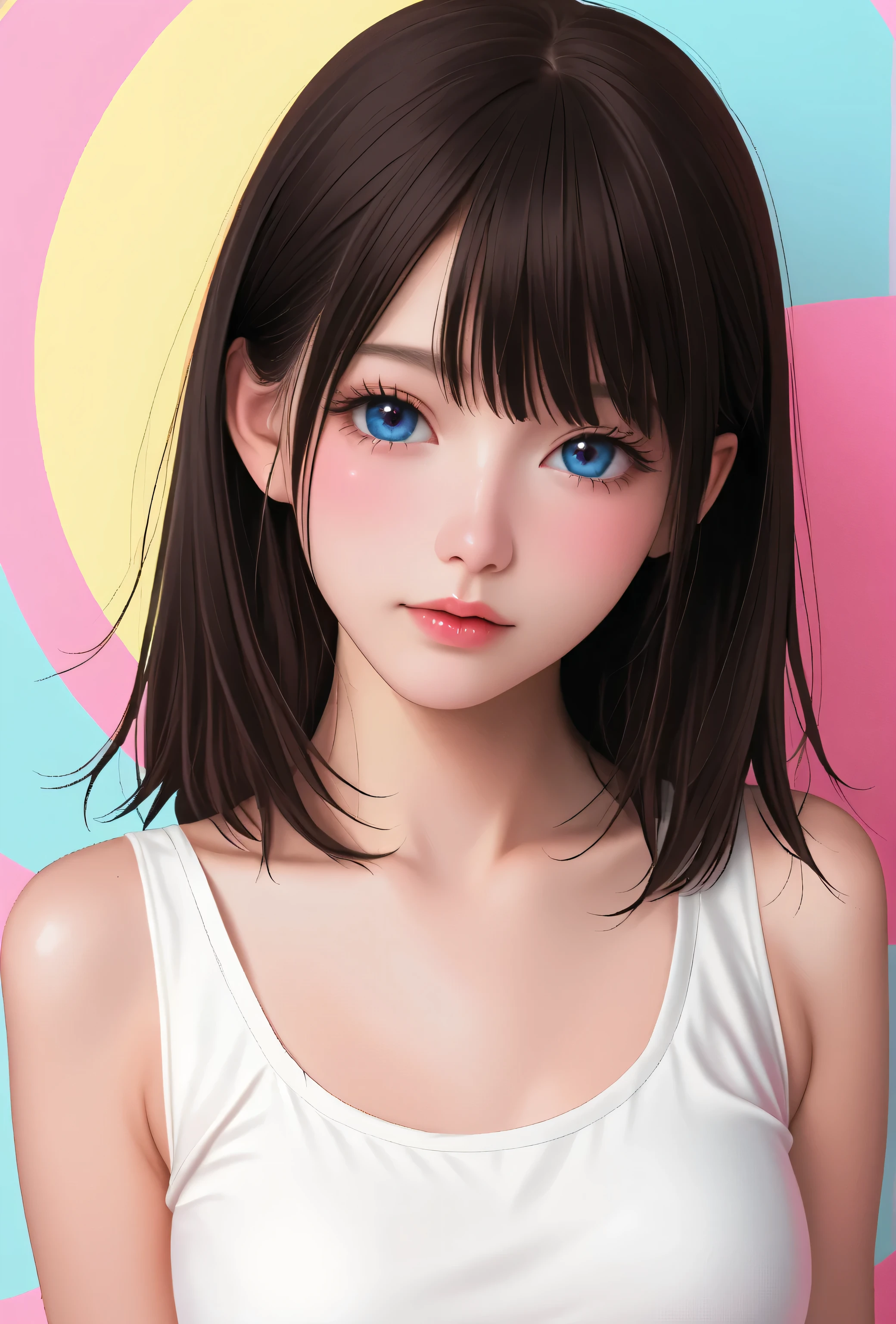 random hot and busty japanese girl, nekos, pastel color palette, no background, pastel background, colorful background,