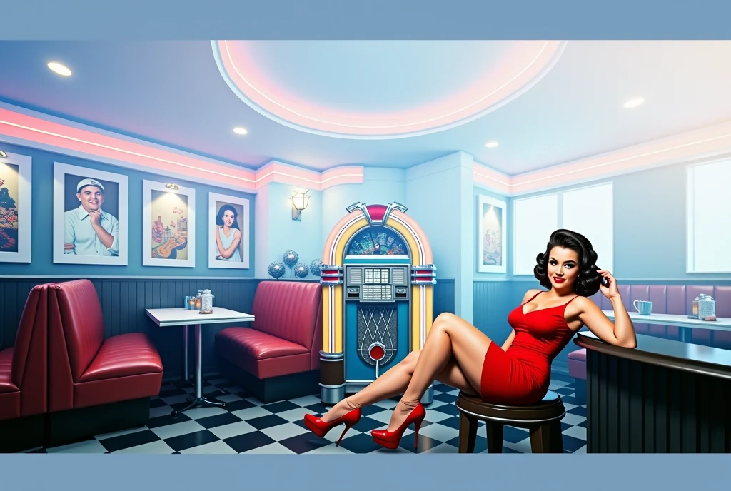 Generate a high-resolution image featuring a glamorous pin-up girl in a retro style. The girl should exude confidence and sensuality while posing in a vintage fashion reminiscent of the 1950s. Incorporate classic elements such as red lipstick, a polka-dot bikini, and wavy, voluminous hair. Scene waiting on tables in a 1950s diner. Ensure the lighting enhances the overall aesthetic, giving the image a warm, nostalgic feel. Capture the essence of classic pin-up art with a modern twist, combining allure and timeless elegance. (full body:1.5), enormous tits, in the style of Bettie Paige
