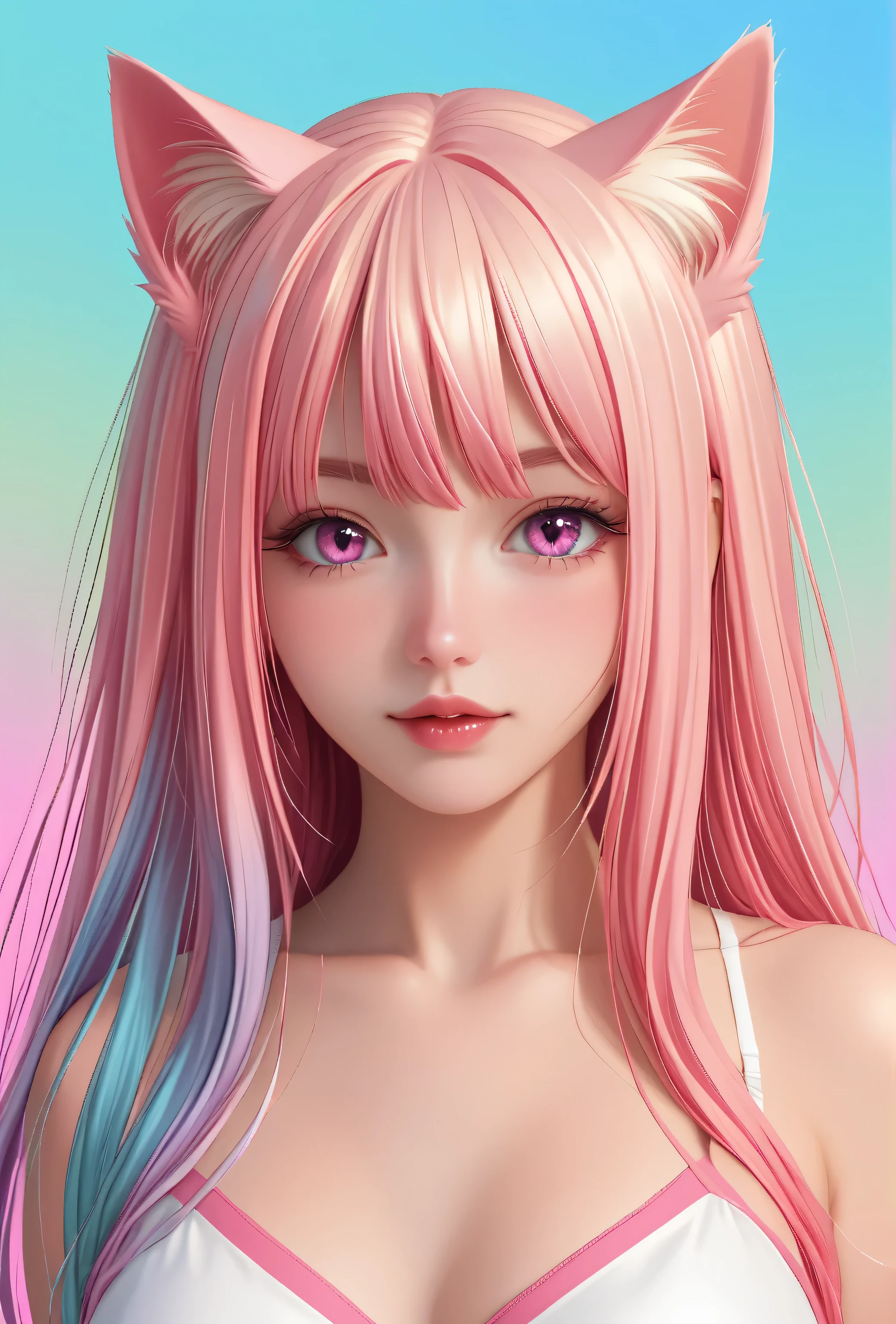 random hot and busty japanese catgirl, cat ears, pastel color palette, no background, pastel background, colorful background,