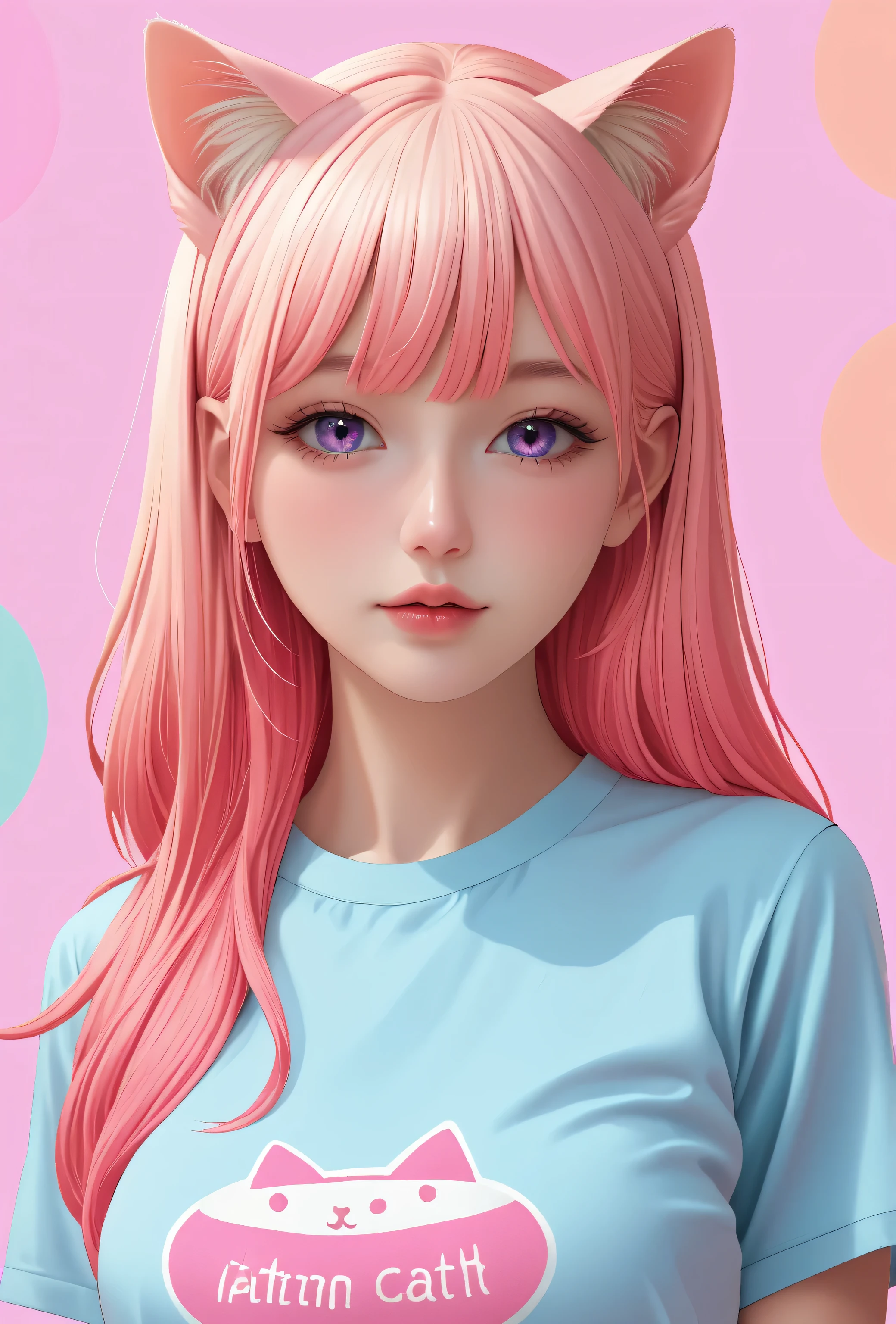 random hot and busty korean catgirl, cat ears, pastel color palette, no background, pastel background, colorful background, 