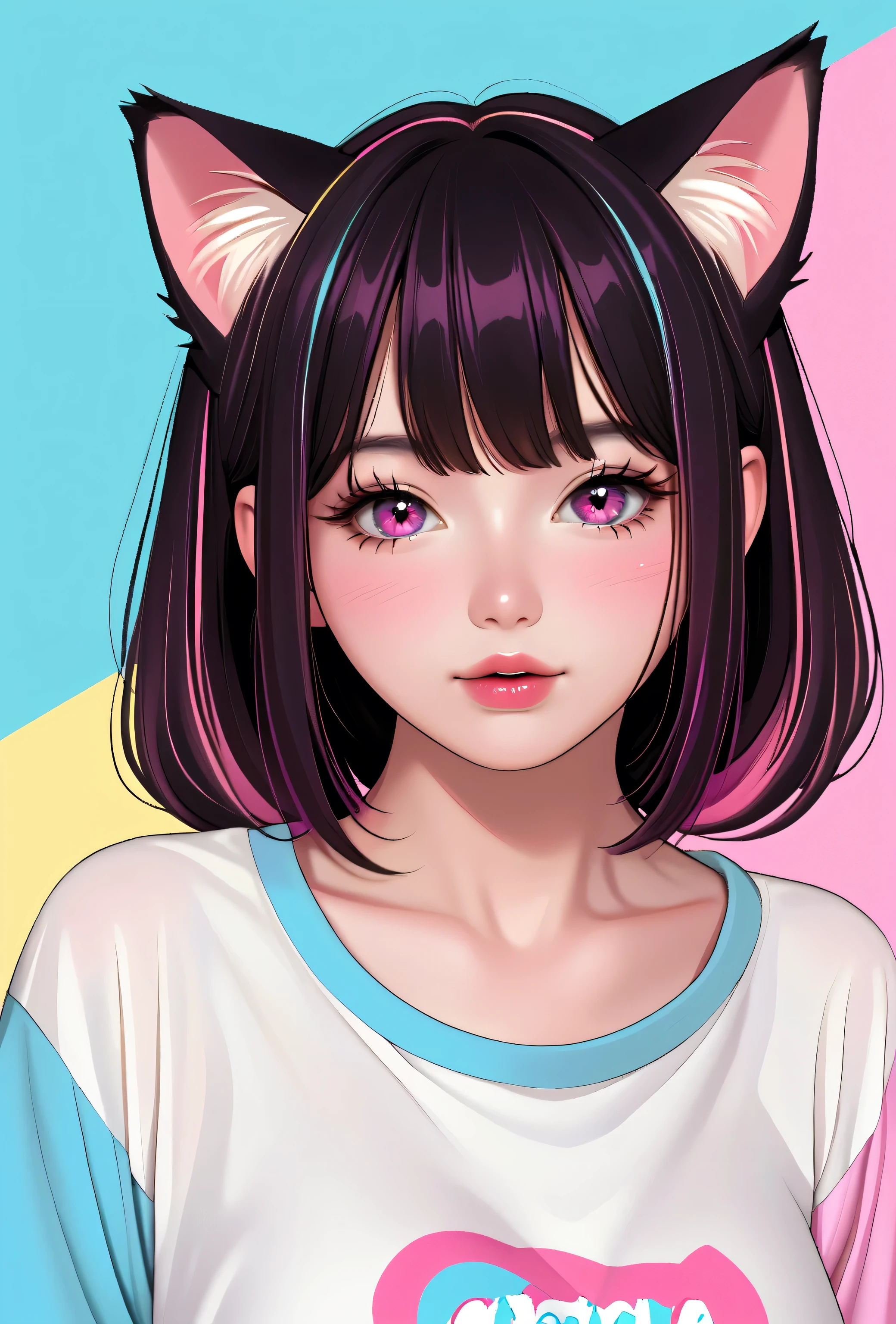 random hot and busty korean catgirl, cat ears, pastel color palette, no background, pastel background, colorful background,
