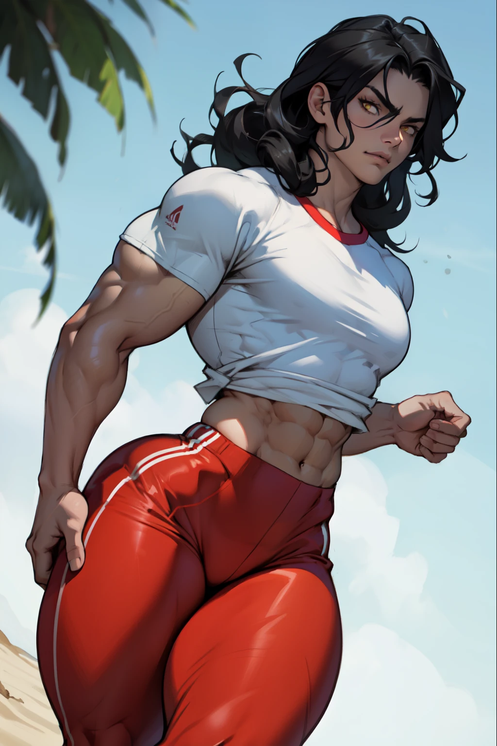 Caucasian woman, blue eyes, blue-black hair, wavy hair, long hair, athletic body, red lycra leggings, blue top, wet top, marked nipples, red sports shoes, exercise in the park, sweat, park with many people. Shot frontal.