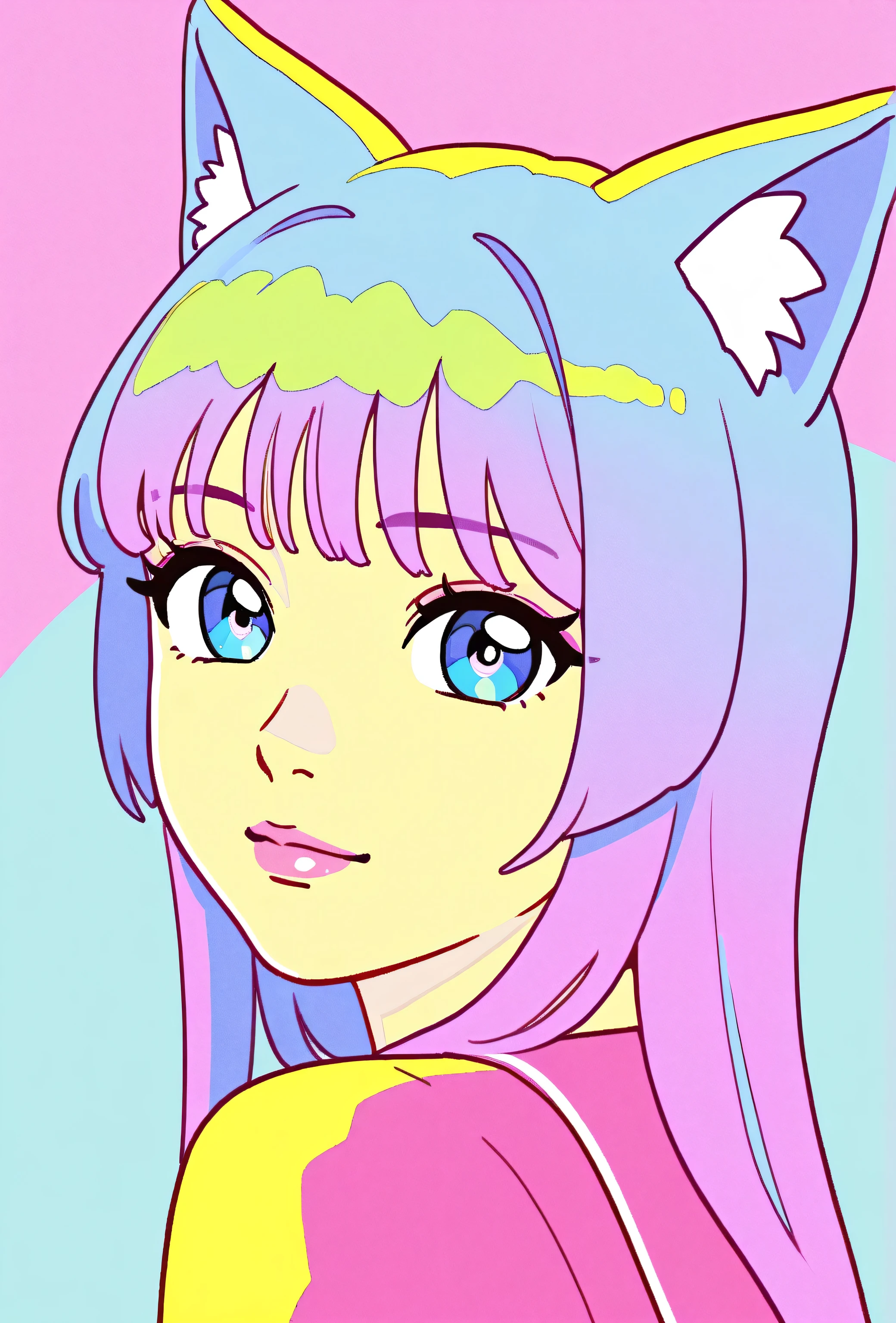 random hot and busty korean catgirl, cat ears, pastel color palette, no background, pastel background, colorful background,
