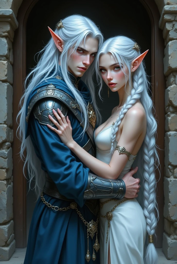 ((Of the highest quality, Obra maestra, Maximum image quality, Idyllic, bello, 8K)), ((pareja joven de elfos hermoso y detallados heterosexuales:1.5, hugging and kissing face to face, heterosexuales:1.5)), ((Elven clothing, arcos y flechas:1.4)), ((orejas de elfo puntiagudas, cabello hermoso y detallado ondulado estaba recogido:1.4)), ((Muy caliente y sexy, poderosos elegantes, belleza asombrosa, proporciones perfectas, Cuerpo hermoso bien definidos y detallados, Belleza del cuerpo delgado:1.4)), ((Piel detallada, ojos detallados:1.4)), tiro de vaquero, (best ratio: 4 dedos, 1 pulgar), Skin is moist and shiny., ((beautiful lighting throughout the body:1.2)), (beso apasionado:1.3), iluminado por una luz azul desde abajo, ((epic elven environment epic lighting:1.4)),