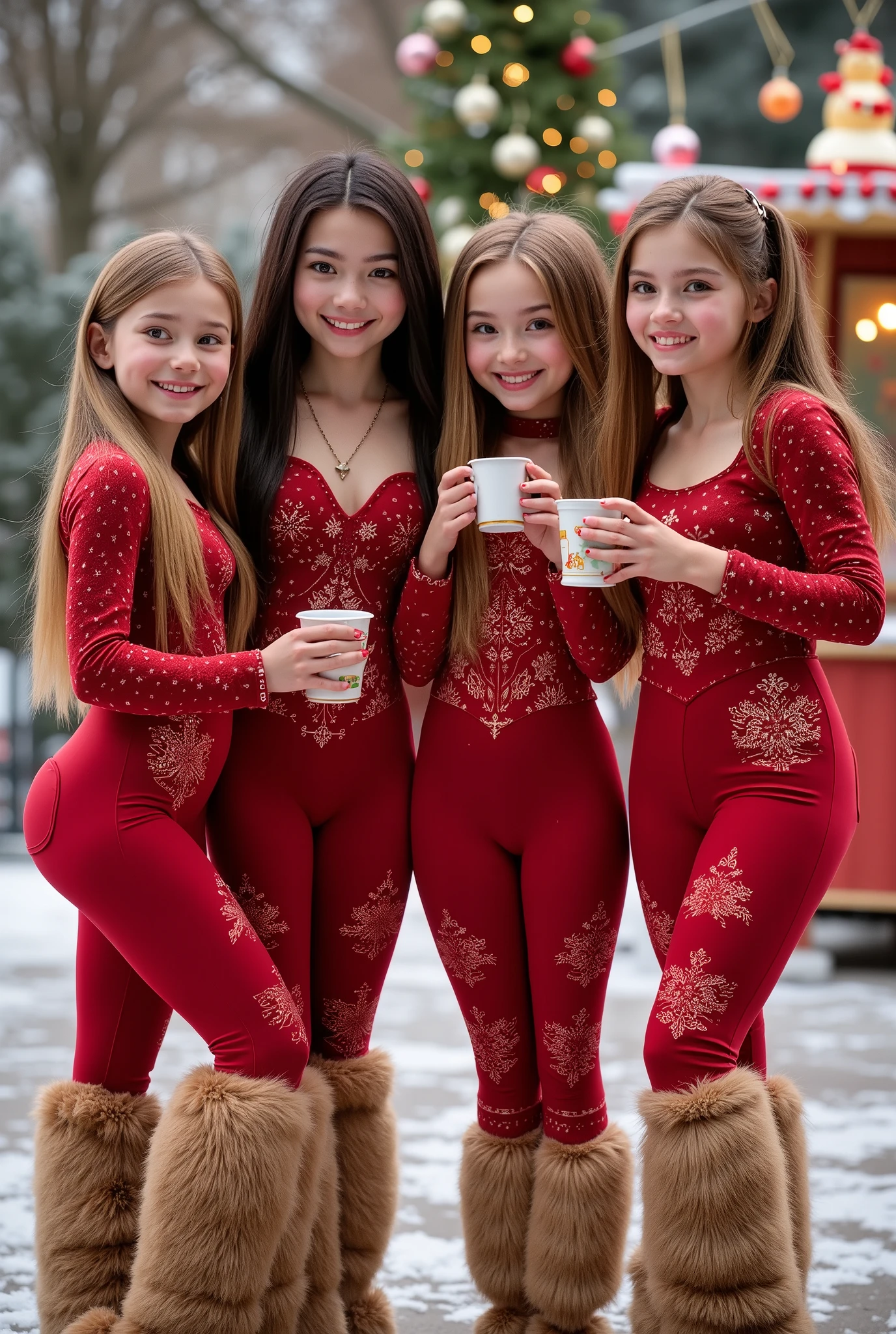 Four cute yo k girls beautifully diverse each one with her absolutely unqiquely identifying characteristics,particularly young and petite looking(appear to be aged 13 with cute princess-like faces each one absolutely unique and gorgeously versatile in each own way, extremely thin petit bodies, beautiful happy smiles, ultra realistic photo, very long hair, wearing tight christmas-themed bodysuits with midriff cutouts, drinking hot chocolate at a snowy christmas market, wearing comfy knee-high winter boots, full body view, ultra realistic and detailed faces absolutely unique from one another, real photo, playful atmosphere, 4K, UHD, extremely well defined figures, intriguing details, flamboyant poses and festive mood, (petite little bodies appear 13 group,), K UHD, enticingly diverse group of beauties intimate close-up, complex multilayered skin with tiny pores and imperfections, astonishingly gritty realism but also joyful atmosphere, diverse beautiful faces and hairstyles, versatile close-up, (((128K max resolution exorbitantly ultra detailed))),((((( a unique distinctive gorgeous face for each girl, no clones and repetitions, perfect petite bodies with correct anatomy, no extra or distorted limbs, (((each girl has a unique unrepeated face and hairstyle,each boasts a totally unique facial structure of her own distinctive from her other friends, four absolutely different friends each one with her own identifying traits, different facial shapes and widths, different hairs black bruenttes, gingerblondes etc, ineexorably extremely high level of creative variety, (have created an absolutely unique facial profile for each one with different heights hair and facial structures, really thin and petite girls radiating with a very young vibe and an absolutely creative facial variety, beautiful velvety tight red christmas whole body suits with revealing and christmas theme patterns, and cute boots with a fur on top on their feet, really young 13ish), ))), ))))), 128K re