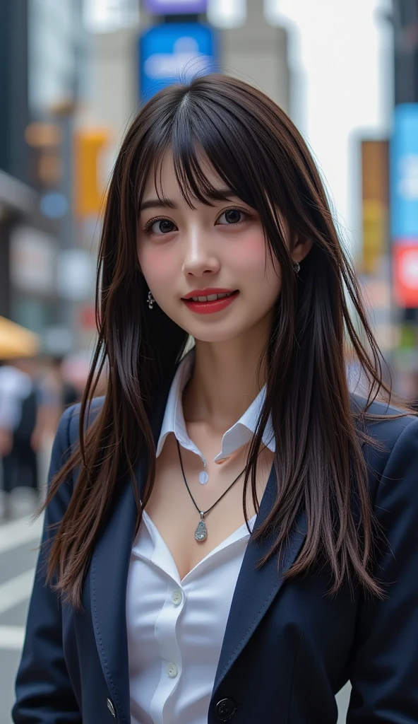 (nsfw:1.5),((backwards:1.2))、looking at camera、(In 8K, RAW photo, top quality, table top, realistic, photorealistic, high contrast, photon mapping,, photorealistic, super detailed, professional lighting, Low - Angle: 1.2), (1 shy girl), (alone), (Full body Esbian), (Height is 165 centimeters), (18-year-old ), (Shinjuku at night、Japan), ( Sidewalk lined with shops), (Japanの高等学校の制服と指定靴), (dark blue blazer: 1.2), (Only the lower body is naked), (Open collar white shirt for students), (tie: 1.2)
