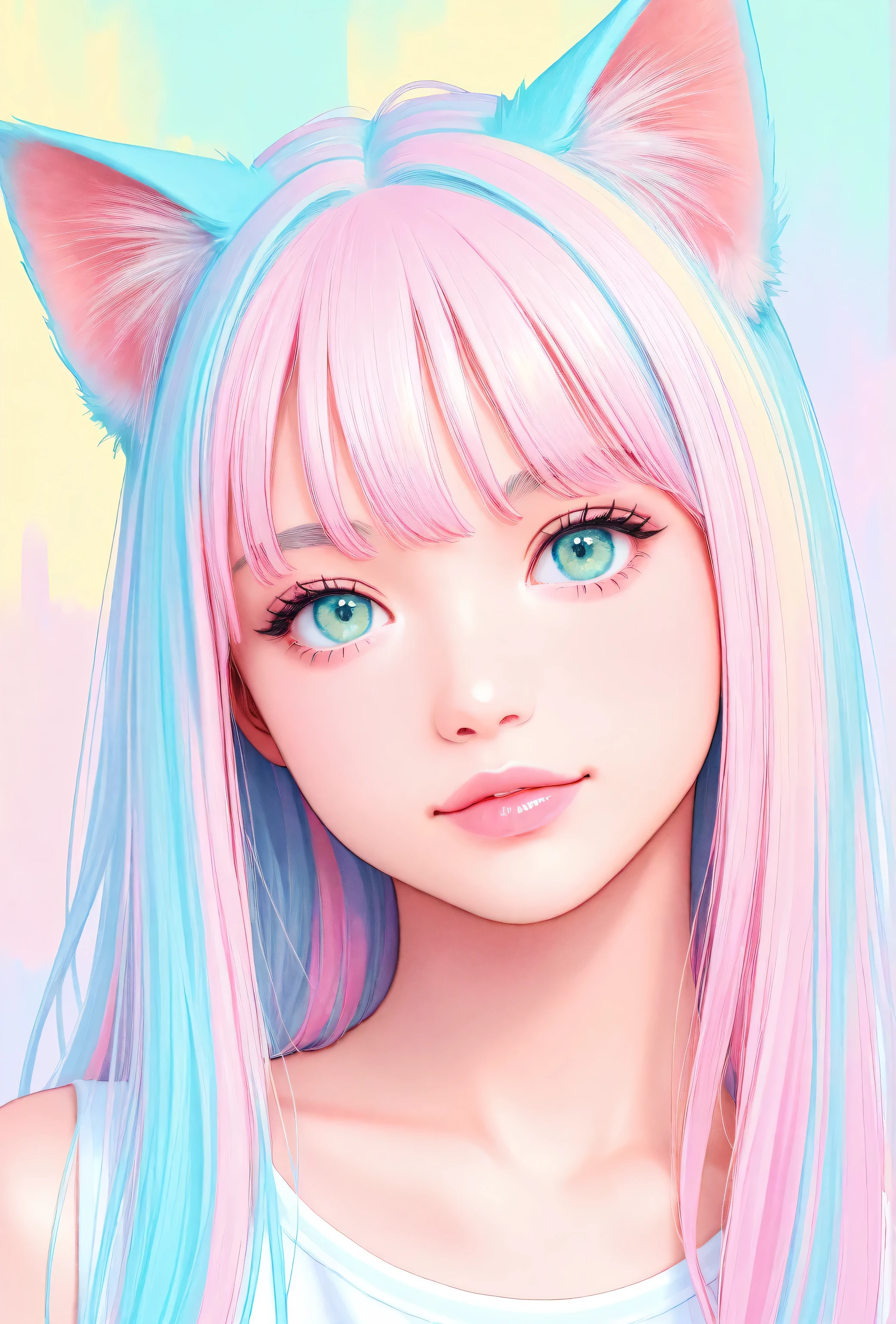 random hot and busty korean catgirl, cat ears, pastel color palette, no background, pastel background, colorful background,