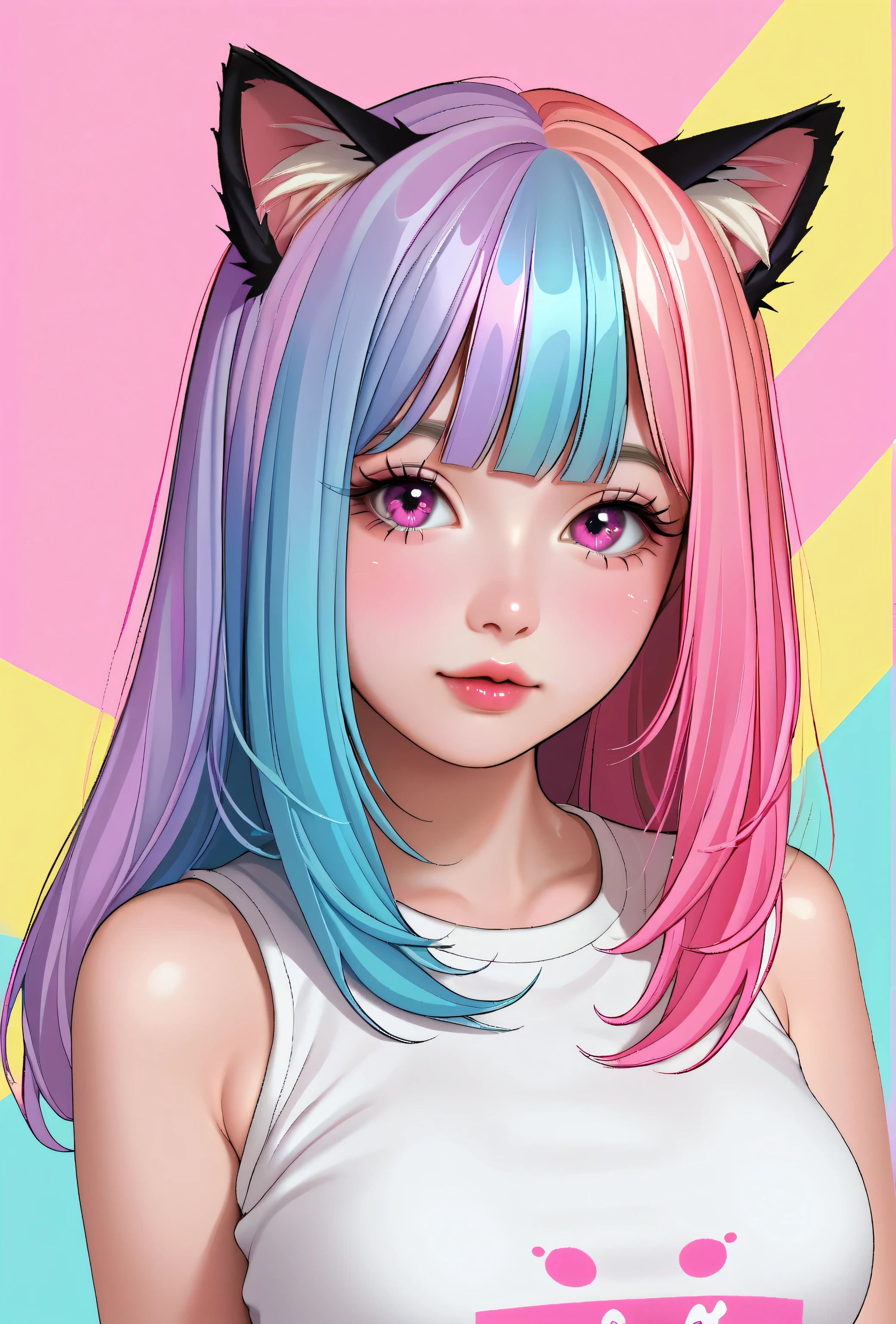 random hot and busty korean catgirl, cat ears, pastel color palette, no background, pastel background, colorful background,