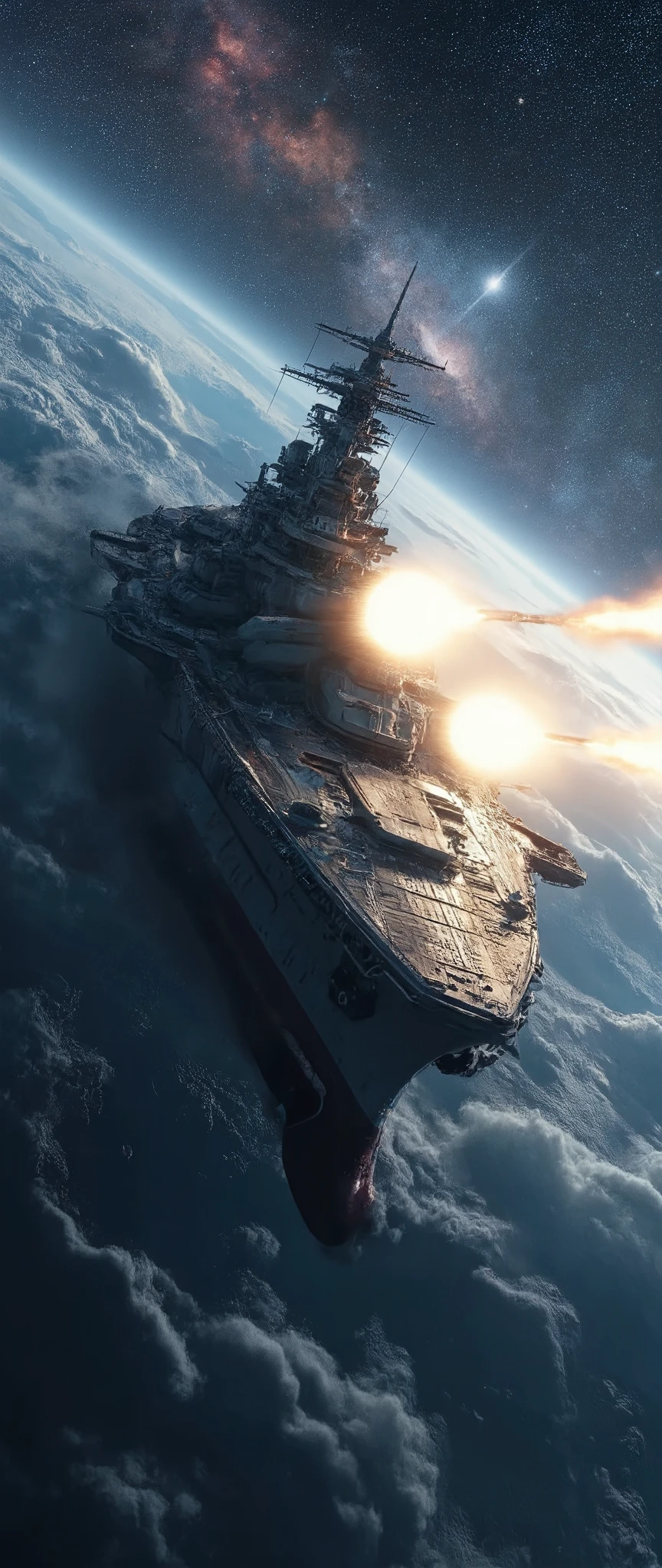 最high quality、high quality、universe戦艦ヤマトとアンドロメダ銀河の高解像度8k壁紙、universe戦艦ヤマトから地球の大気からの眺め、Yamato is firing its main gun、photorealistic、Highly Detailed Atmospheric Scenery、complicated、high detail、universe、null川、Star、誘惑のStar、null文学、universe、null、nebula、solar system、Universe Line 、Supernova、universe戦艦ヤマト。