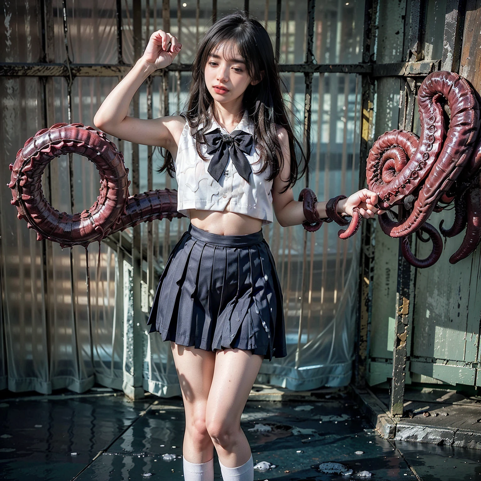 Do not change your face and clothes, (Best Quality, MASTERPIECE), In a cave surrounded by creature tentacles, (High school girl, long skirt), ((Long skirt)) The white liquid of the tentacles makes the body sticky, the body becomes shiny with sweat, Heavy sweat dripping on the body, Spread your legs, ((((Entering a large amount of thin tentacles entering while flipping up the skirt))))), ((( A large amount of white liquid overflows from the crotch and drips onto the thighs))), (((Precisely depicts how the tentacles boldly flip up the long skirt))))))), Precisely reproduce the way the tentacles wriggle in the crotch part of the skirt, and precisely depict how the crotch part of the skirt swells with the tentacles,