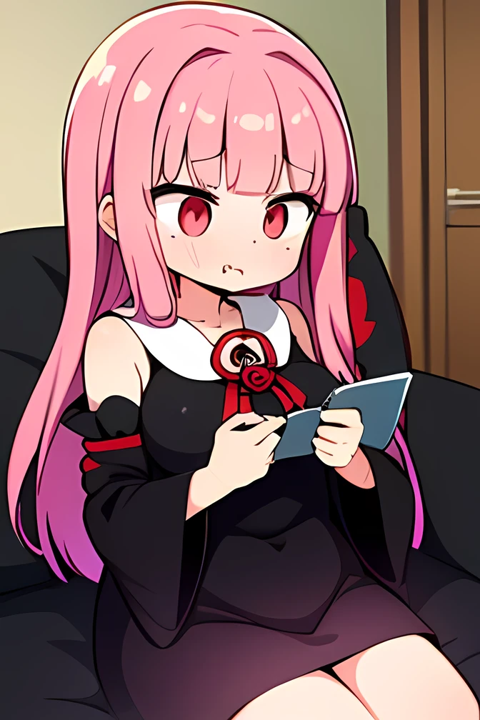 (A woman reading a letter),kotonoha akane,((hanging eye)),Small eyes,red eyes, iris,(A single fang),round face,hair ribbon,long hair,pink hair,(((big breast))),(chubby),(((black dress:1.5))), detached sleeves, wide sleeves, bare shoulders ,serious face,closed mouth,indoors,living room,on the sofa,