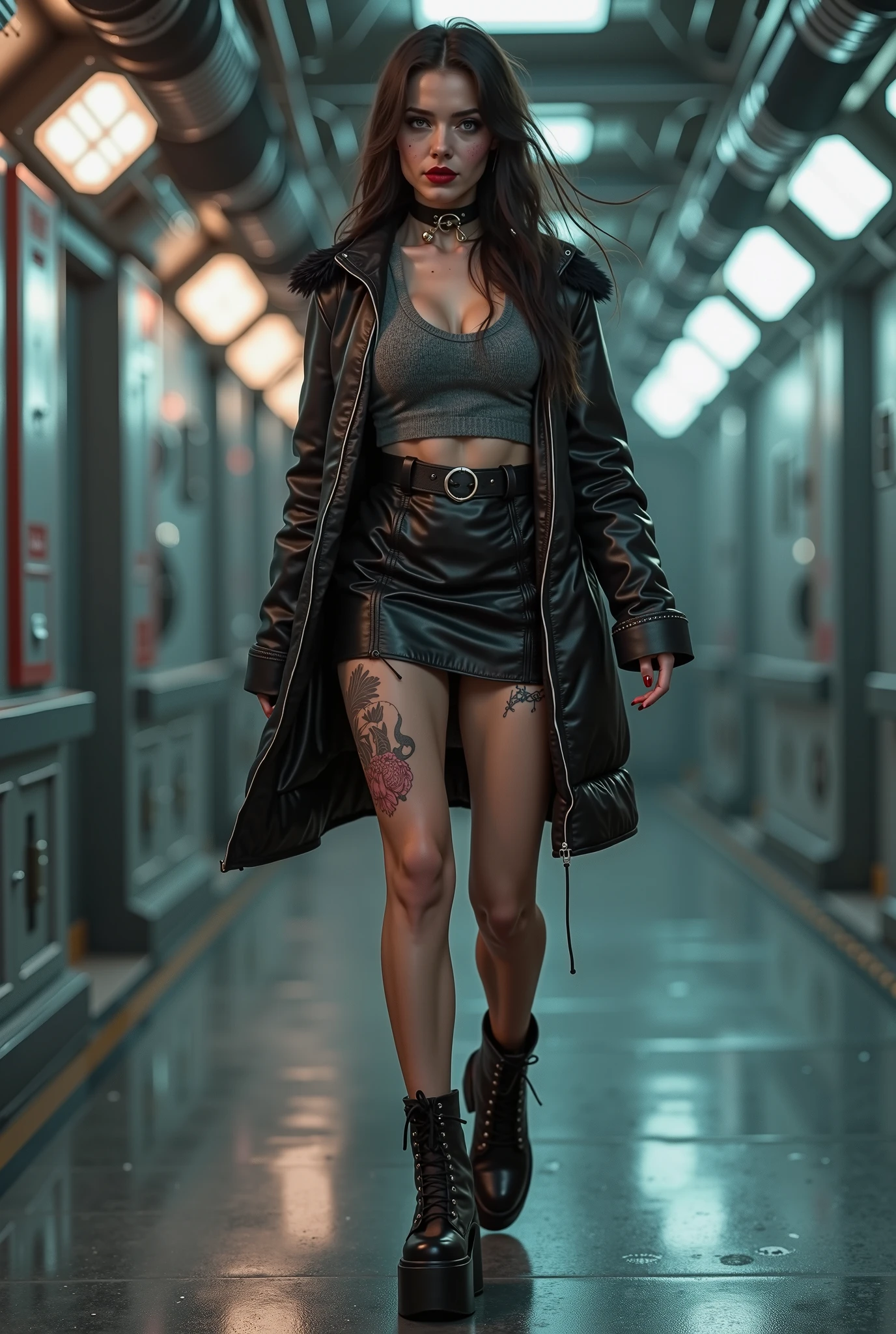 (((NSFW0.7))),Better Quality, Realist, Award-Winning Illustration, (Intricate details: 1.2), (Fine Detail), (Intricate details), (Cininatic Lights, Better Quality Backlight), Crisp Lines, Sharp focus, Official Art, unity wallpaper 8k, Absurd, unbelievably Absurd, Huge file sizes, Ultra- (in_main_two:1.21), (Neon lamp), Fantasy art, RTX,((triangle closeup photo by award winning studio )), 1 girl, so beautiful, (run away), small , ((two da cidade cyberpunk, Valkyrie)), Perfect hands, Beautiful and fine details, Perfect Face, (Cyberpunk Blouse, leather jacket, Martin boots) ,((Pleated skirt) ), ((Supermodel posture)),((Big Breasts)),(See through)