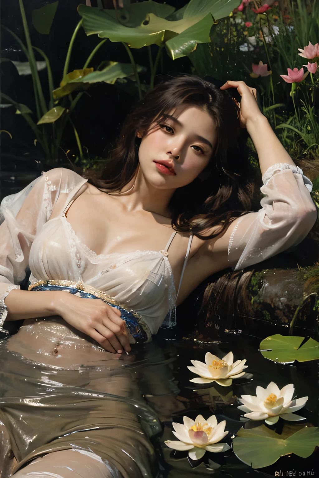 ((Beautiful woman lying in Monet's pond))、((Translucent white lace long dress))、1girl in, striated hair, Blonde hair, One side up, Shiny hair, Wet hair, Long hair, Monet, depth of fields, spark of light, letterbox, One-person viewpoint, Lens Flare, F/1.8, 135 mm, canon, wide angles, nffsw, retinas, masutepiece, Anatomically correct, Textured skin, Super Detail, high details, High quality, Best Quality, hight resolution, 1080p, hard disk、（open one's legs）、Seductive smile, glint, surrealism, Modern.((No bra))、((No panties))、（open one's legs）（shapely breasts,)、((sexypose)))、(camel's toe), tongue、Vaginal orchids、Runny Vaginal Discharge、Blowing tide、Very beautiful breasts、Grasp your breasts with both hands、 Spread your legs、sexual excitement、Sex Expressions、shinny skin。realisitic、Photorealsitic:1.37)、(Kpop Idol)、Medium Hair、(Pink blush)、(illuminating)、[[Open legs、Spread your legs apart]]、(solo)、dynamicposes、((erectile nipple))、(Puffy eyes:1.２)、 (Slim legs)、erotick、nffsw、Highly detailed ambient occlusion、超A high resolution, A hyper-realistic, Highly detailed, (yawning), ((she is soaking wet)).