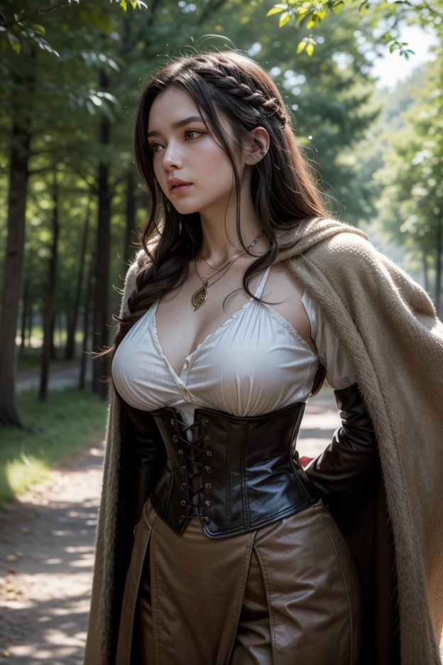A portrait photo of beautiful girl, druid girl, innocent face, fair skin and brown braided hair, green eyes, developed body, wearing ancient long furry dress , cleavage , leather armors, the armors is highly detailed engraved and embossed. Black furry cloak, wild animals background, deep nature and forest environment, hyper realistic photo, medium closed up view, fantasy photo