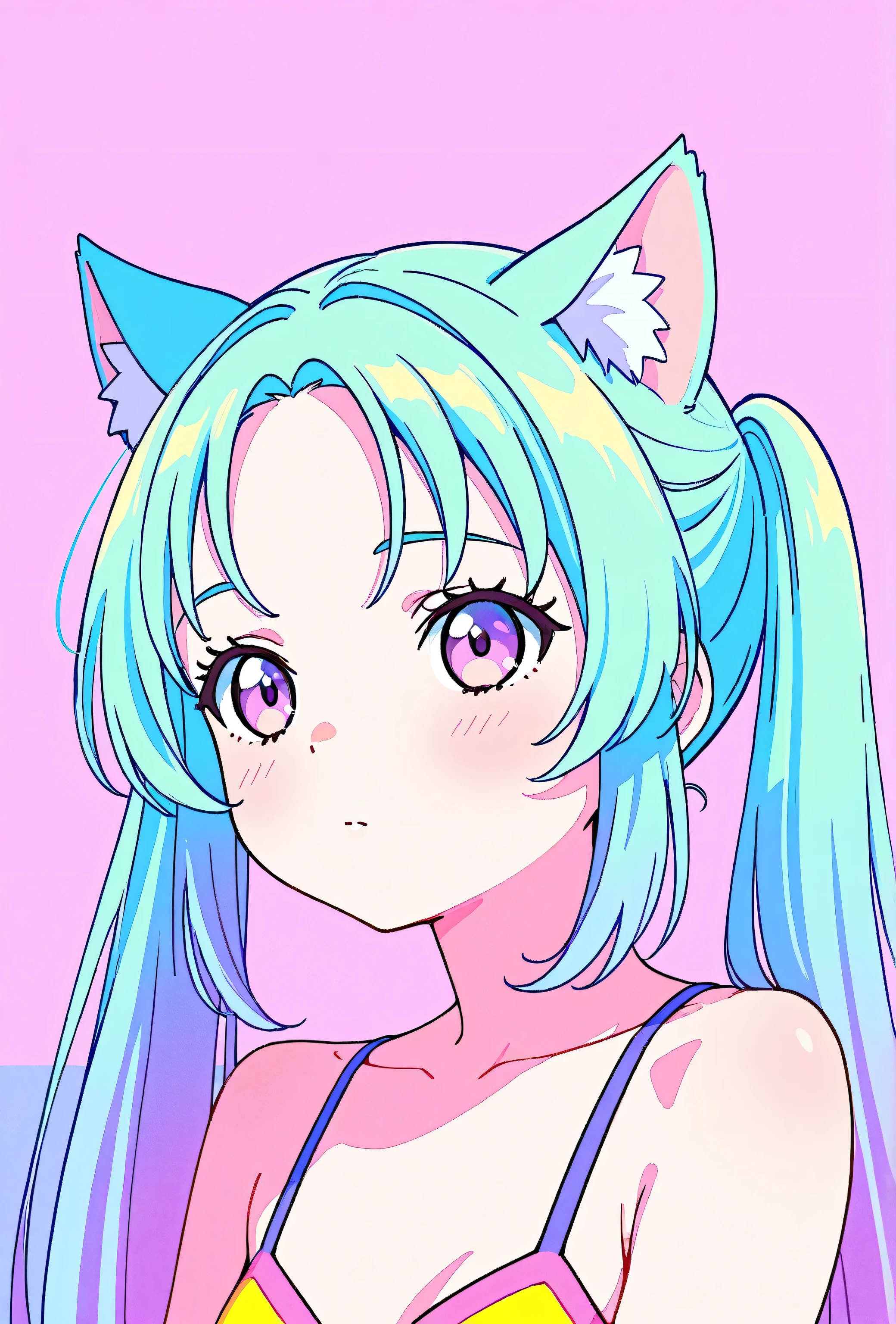 random hot and busty korean catgirl, cat ears, pastel color palette, no background, pastel background, colorful background,