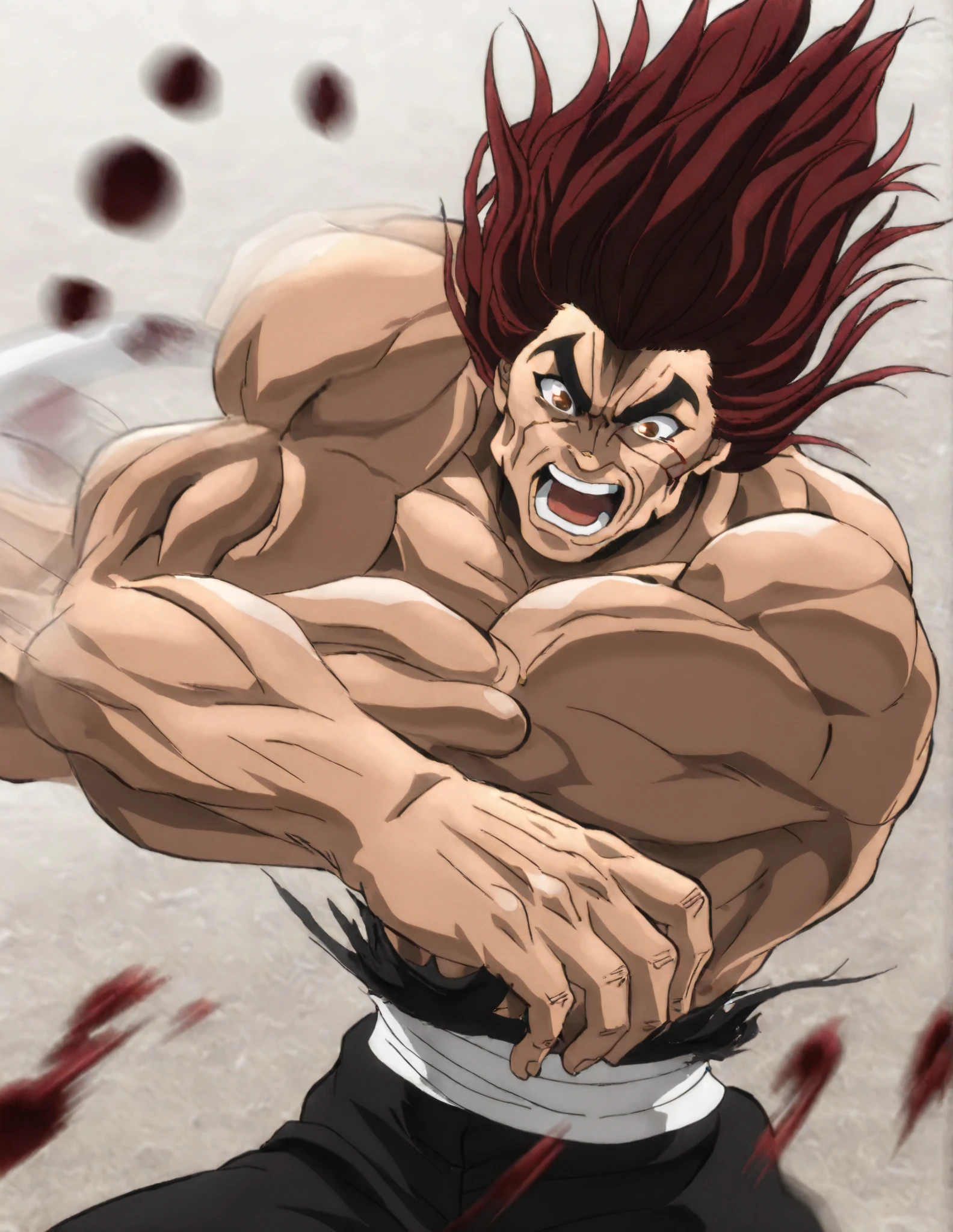score_9, score_8_up, score_7_up,,,rating_safe,, BREAK, 
 <lora:Char-YujiroHanma-pony:1>,YujiroHanma, 1boy, male focus, solo, black shirt,muscular male, black pants,short sleeves,, brown eyes,black footwear, red hair, manly, veins,
 <lora:PepePunchMeme_XLPD:0.8>,IncrsPunchMeme,incoming punch,
evil smile, no pupils,mouth open,
