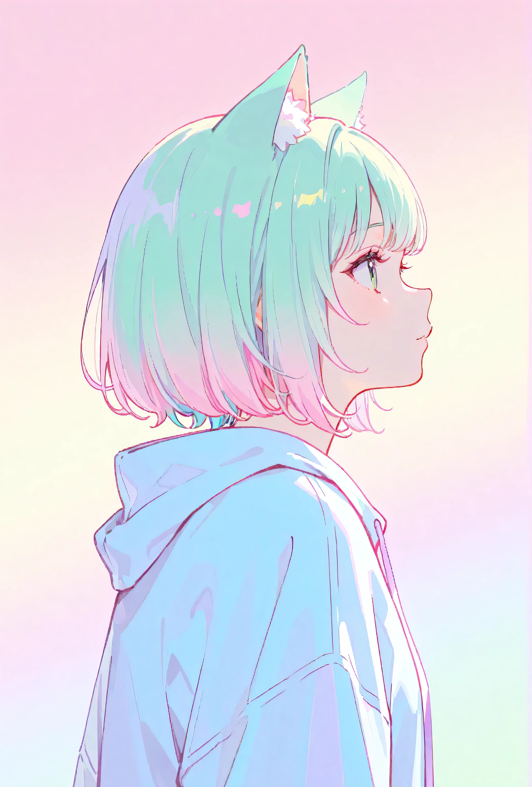 random hot and busty korean catgirl, cat ears, pastel color palette, no background, pastel background, colorful background, 