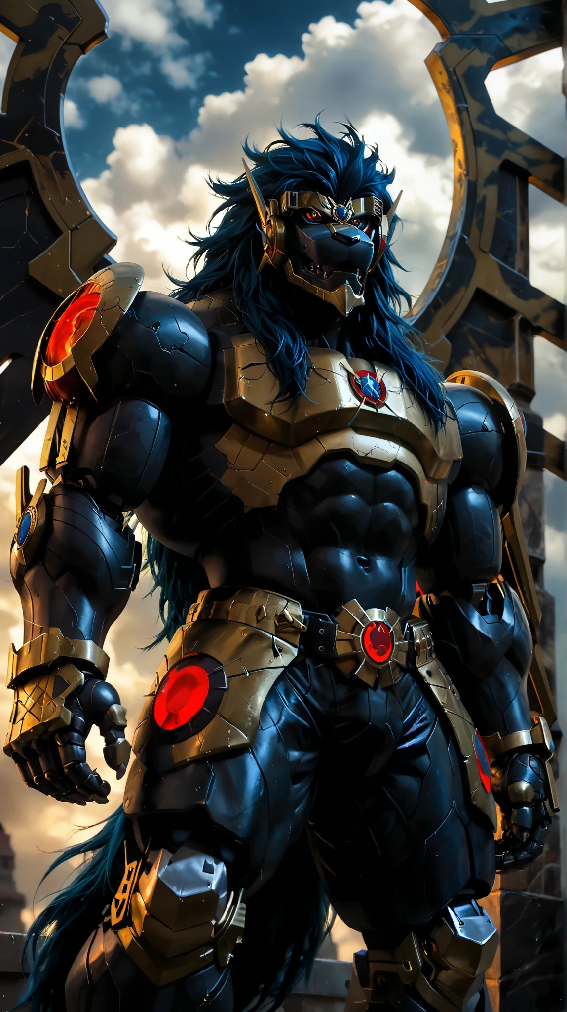 score_9, score_8_up, score_7_up,
Apollomon Whispered, muscular, blue mane, black lion, armor, Digimon, long hair,  robot, cyborg, mecha,
8K, In'ei, chiaroscuro, depth of field, rim lighting, clear_eyes,
perfect hands, perfect proportions, peak physical perfection, perfect male physique, powerful muscular body, impressive physique, thick arms, thick legs, large shoulders, wide thick chest,
dynamic action pose, detailed anime background, detailed photographic fluffy anime clouds, perfect hands, masterclass anime, black skin, black fur, evil, villain, alluring gaze, dynamic lighting, glistening gold, photographic realism, chest armor,
BREAK zPDXL, zPDXLxxx,