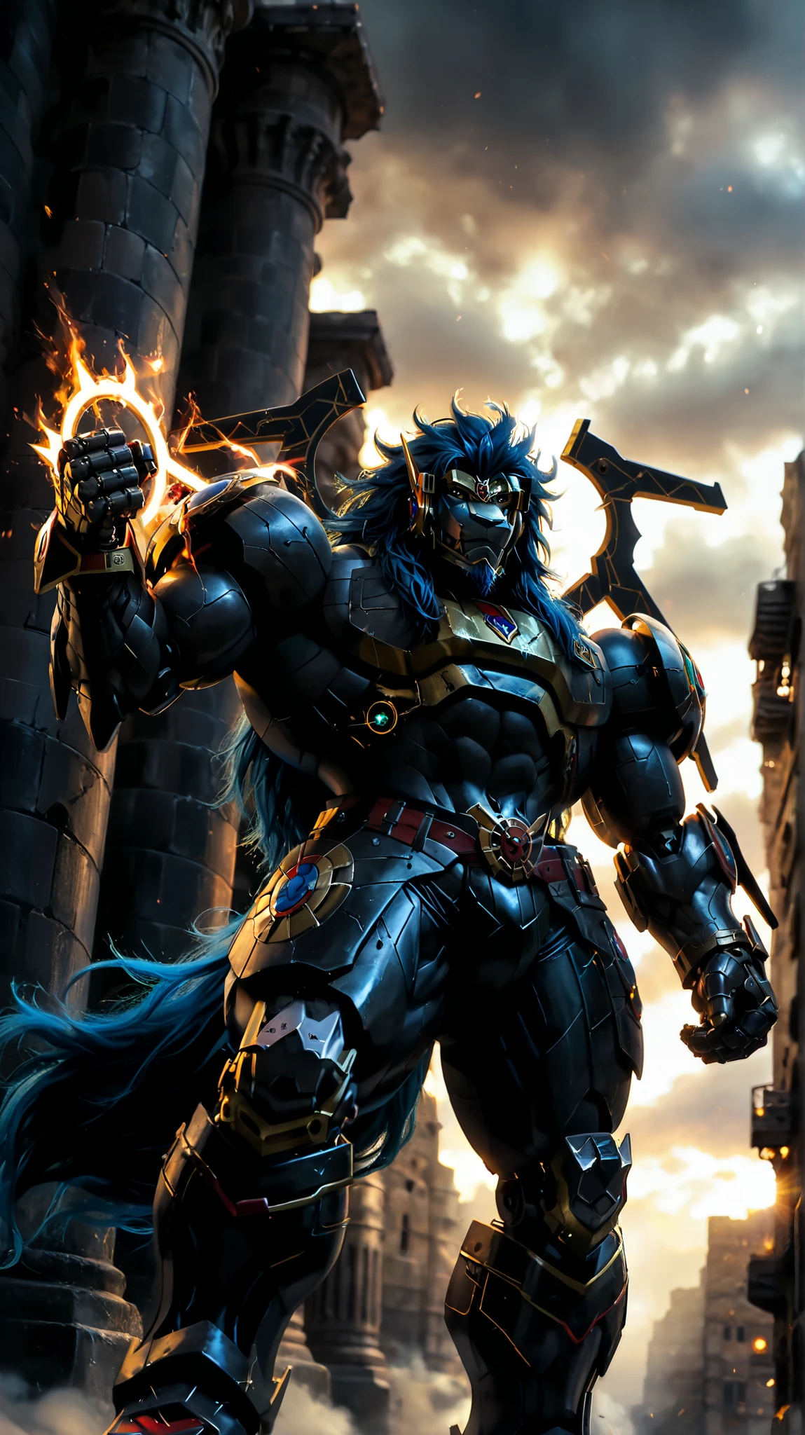 score_9, score_8_up, score_7_up,
Apollomon Whispered, muscular, blue mane, black lion, armor, Digimon, long hair, robot, cyborg, mecha,
8K, In'ei, chiaroscuro, depth of field, rim lighting, clear_eyes,
perfect hands, perfect proportions, peak physical perfection, perfect male physique, powerful muscular body, impressive physique, thick arms, thick legs, large shoulders, wide thick chest,
dynamic action pose, detailed anime background, detailed photographic fluffy anime clouds, perfect hands, masterclass anime, black skin, black fur, evil, villain, alluring gaze, dynamic lighting, glistening gold, photographic realism, chest armor,
BREAK zPDXL, zPDXLxxx,