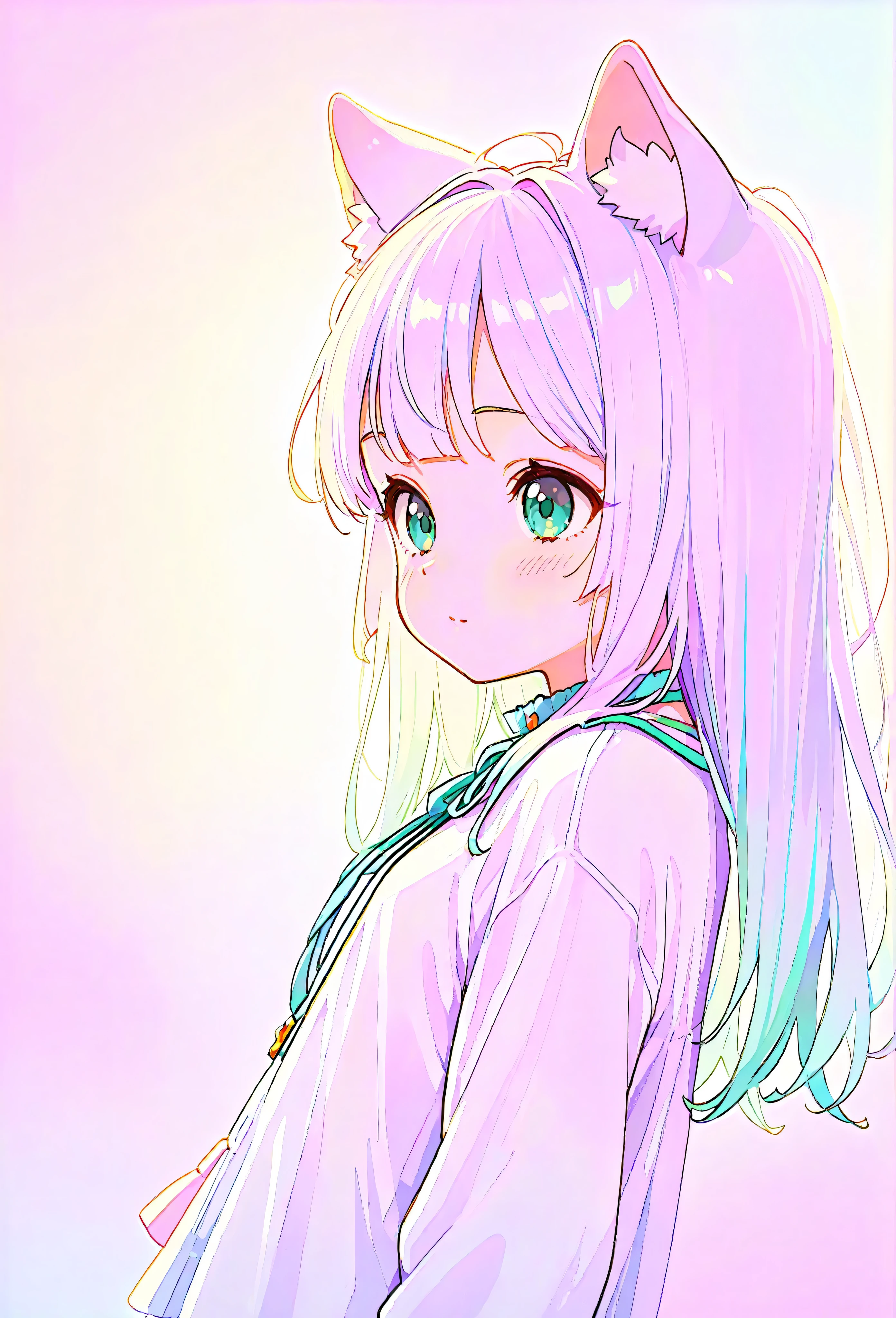 random hot and busty korean catgirl, cat ears, pastel color palette, no background, pastel background, colorful background,