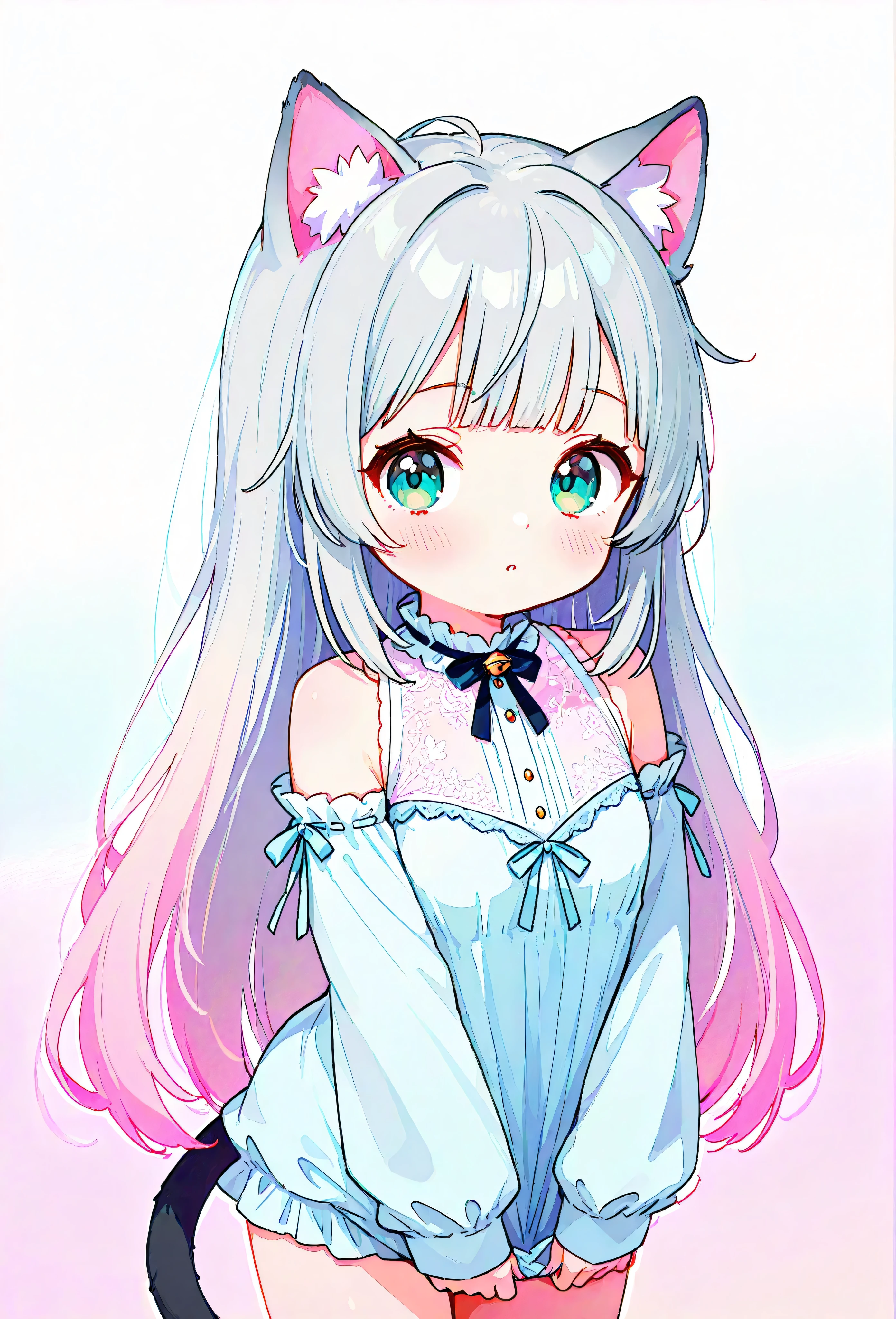 random hot and busty korean catgirl, cat ears, pastel color palette, no background, pastel background, colorful background, 