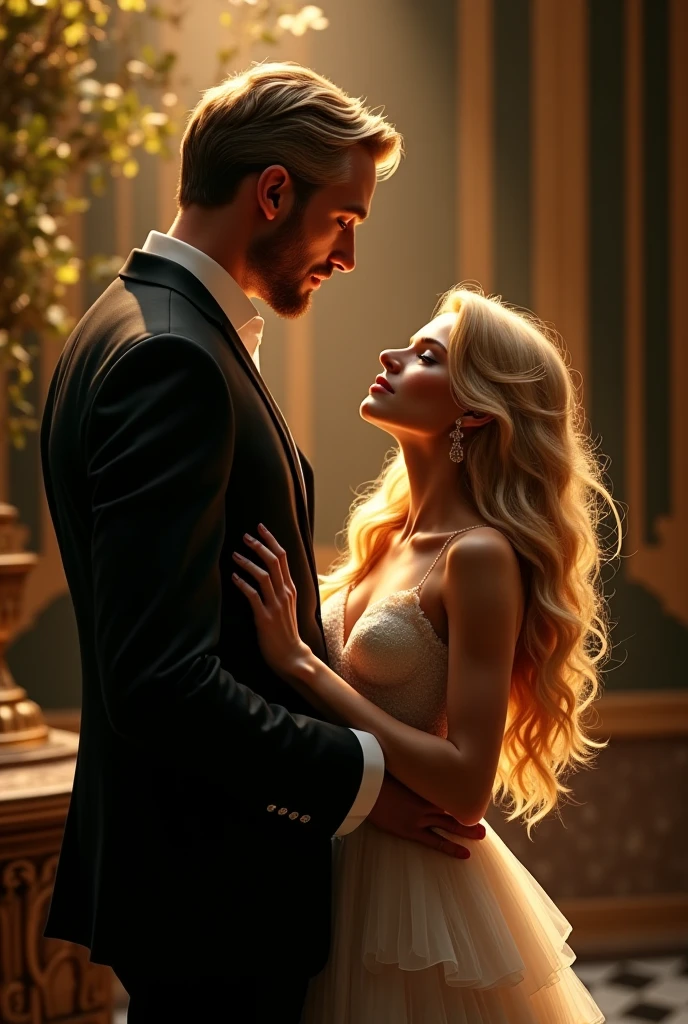 sexy handsome man, with a young blonde woman in an office. She lowers the height of 1.90