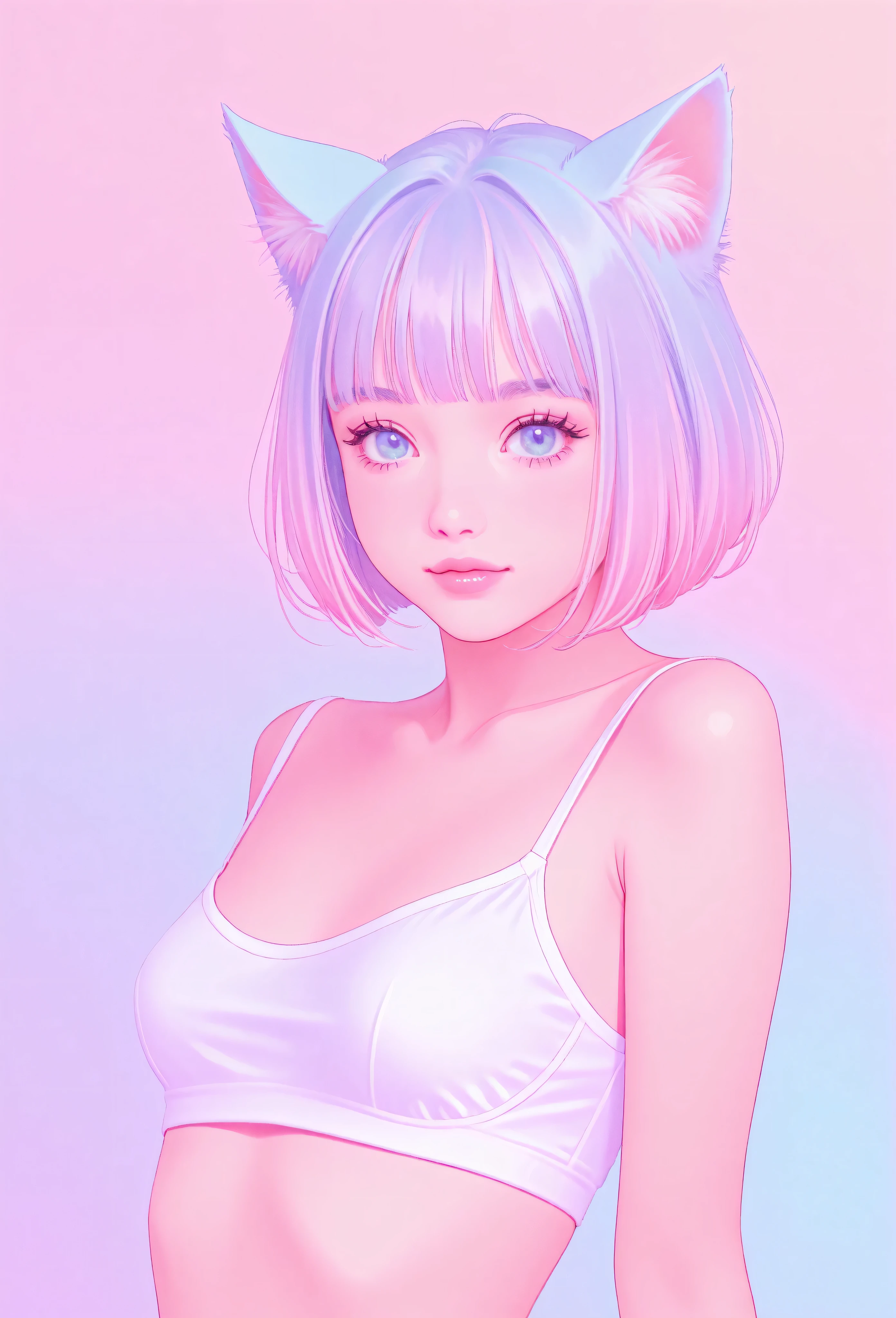 random hot and busty korean catgirl, cat ears, pastel color palette, no background, pastel background, colorful background,