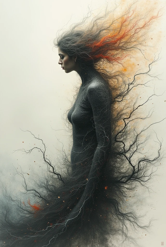 painting of a woman with a tree in her hair, woman made of black flames, stunning art, stunning artwork, hauntingly beautiful art, inspired by Dorothea Tanning, beautiful art, dramatic artwork, powerful painting, gorgeous art, abstract figurative art, amazing art, mandy jurgens art, beautiful artwork, the element woman, eric lacombe, artistic illustration